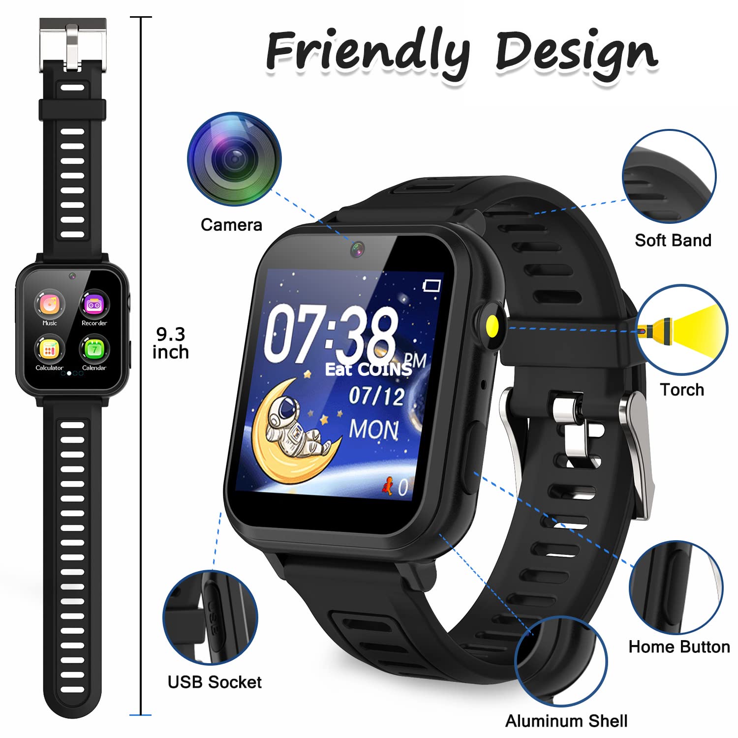 Smart Watch For Kids With 24 Games, Hd Touch Screen, Video Camera, Music Player, Pedometer, Flashlight, Alarm Clock - 12/24 Hr K