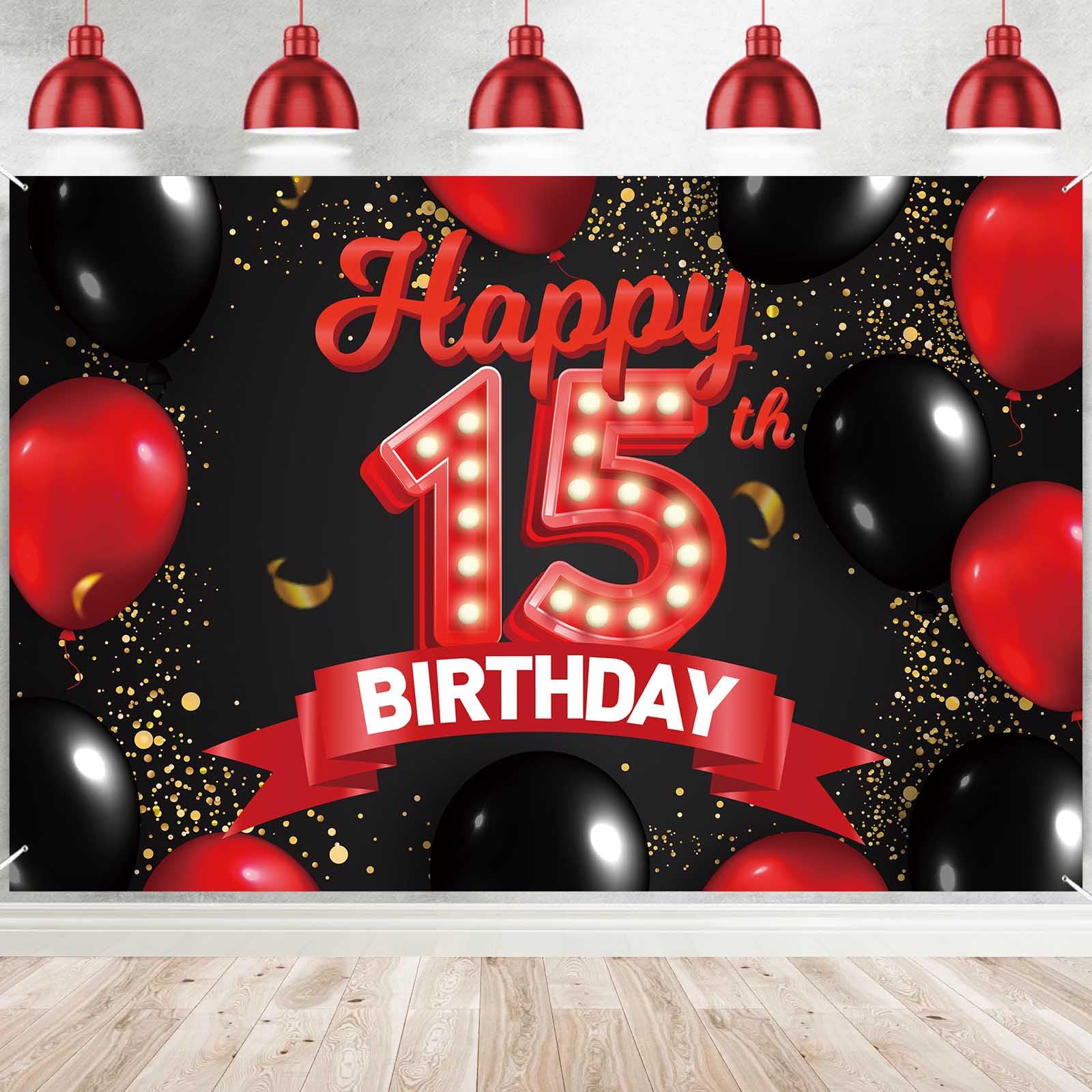 Happy 15Th Birthday Red And Black Banner Backdrop Decorations Balloons Theme Decor For Girls Women Princess 15 Years Old Birthda