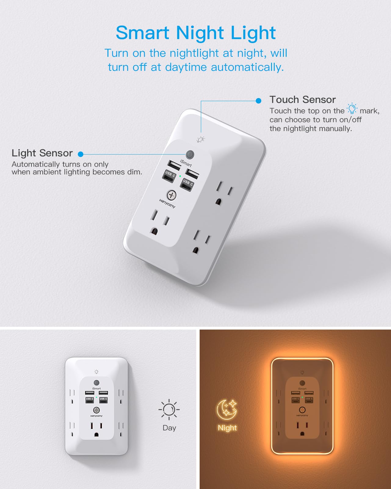 Multi Plug Outlet, Outlet Extender With 4 Usb Ports (2 Usb C) And Night Light, 1050J Surge Protector, Wall Mount, Outlet Splitte