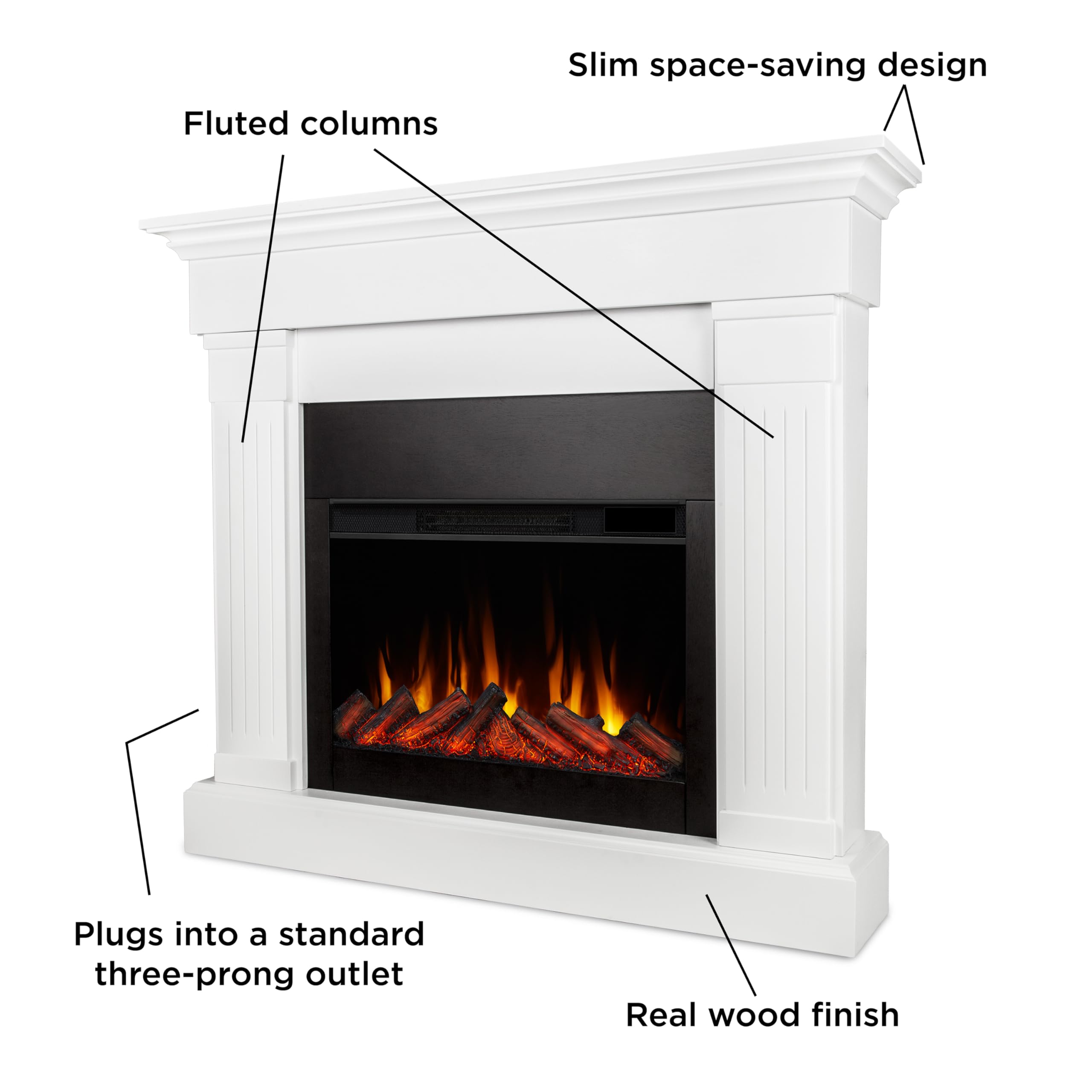 Real Flame Crawford Slim Indoor Electric Fireplace, White, Free Standing With Real Wood Mantel Finish   6 Flame Colors, Adjustab