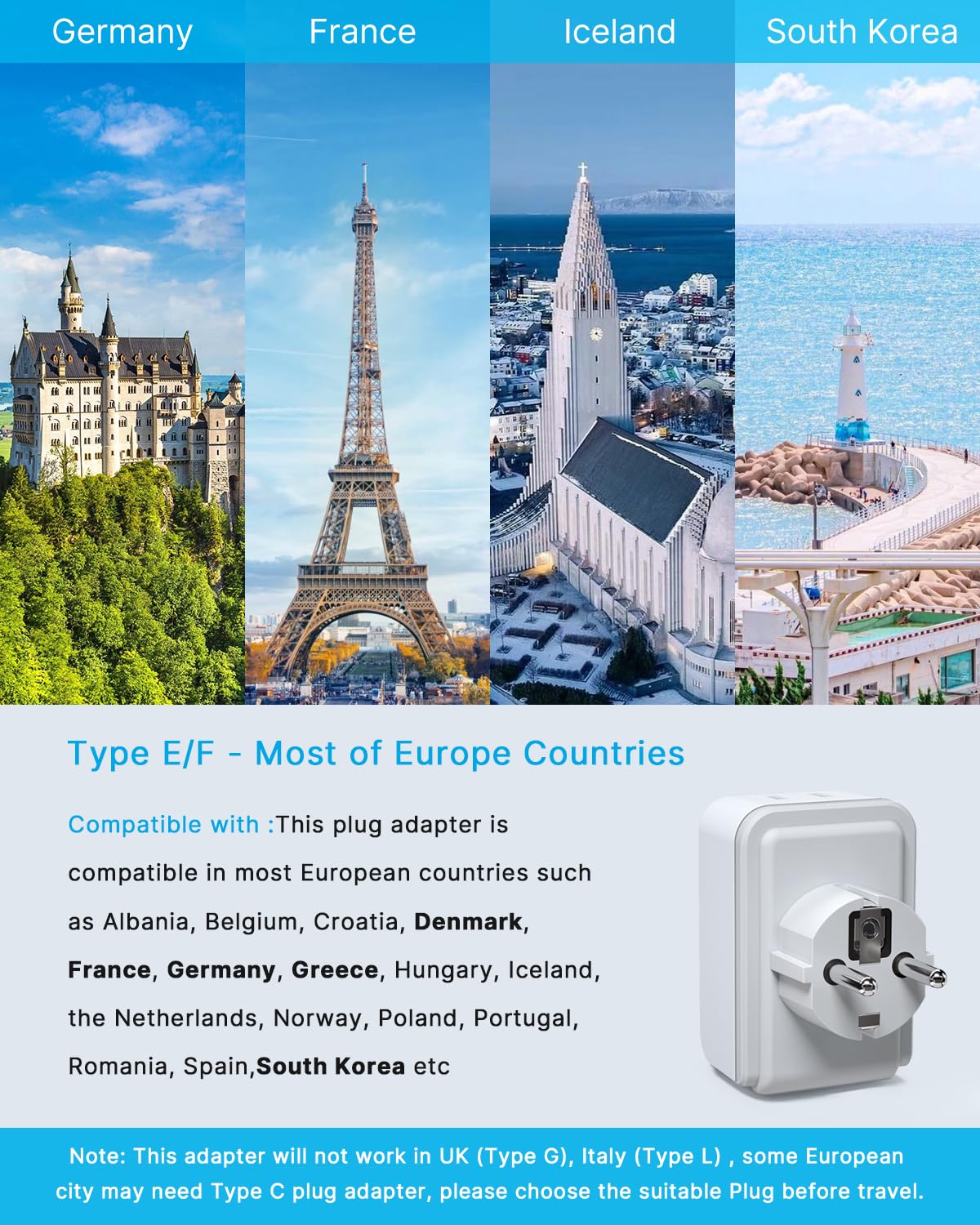 2 Pack Type E F Plug Adapter, Vintar Germany France Travel Plug Adapter With 3 Usb Ports(2 Usb C) And 2 Outlets, 5 In 1 Schuko T