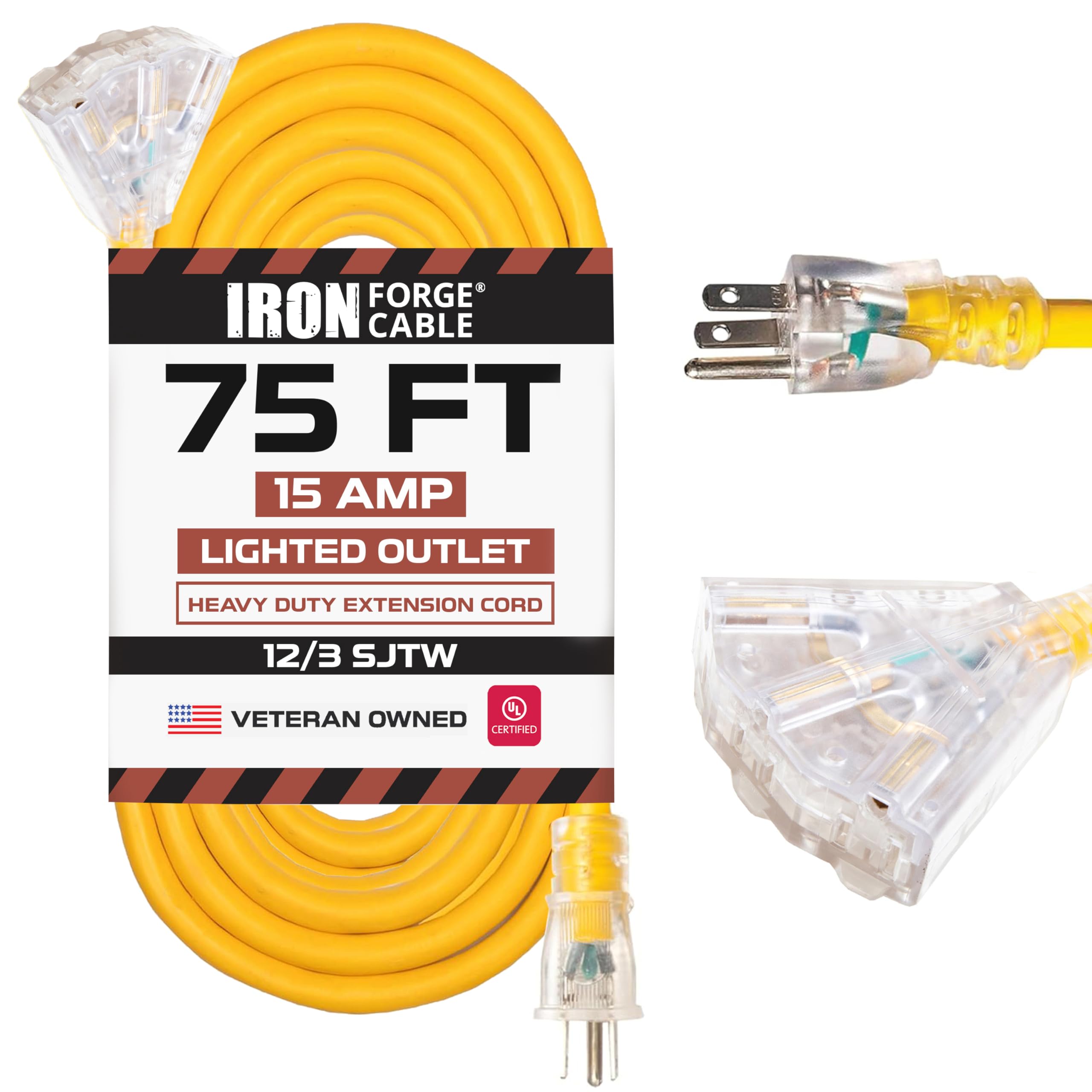 Iron Forge Cable 75 Foot Lighted Outdoor Extension Cord With 3 Electrical Power Outlets   12/3 Sjtw Heavy Duty Yellow Extension Cable With 3 Prong Grounded Plug For Safety, 15 Amp