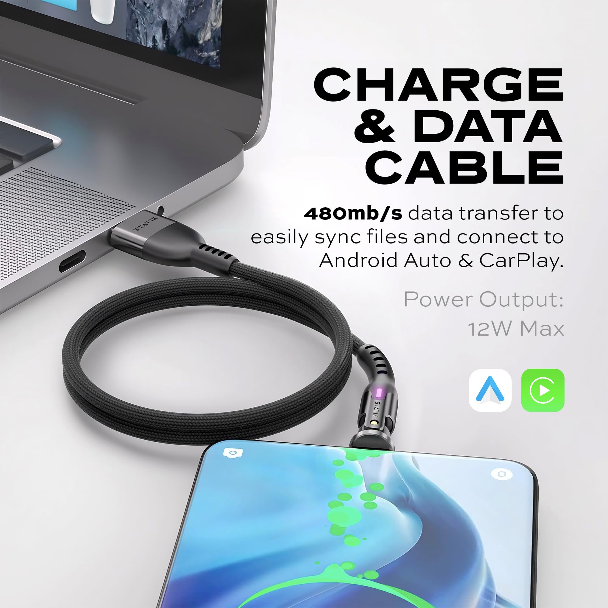 Statik Powerpivot 12W Usb To Usb C Cable, Right Angle Cable With 360 Rotating Head, Usb To C Cable, Data Transfer Usb Charger Co