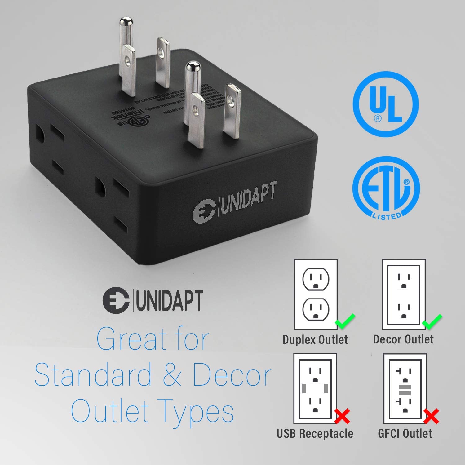 Multi Plug Outlet Splitter, Unidapt Multiple Outlets Extender Adapter With 6 Ac Sockets, Side Splitter Box, Wall Tap Power Plug