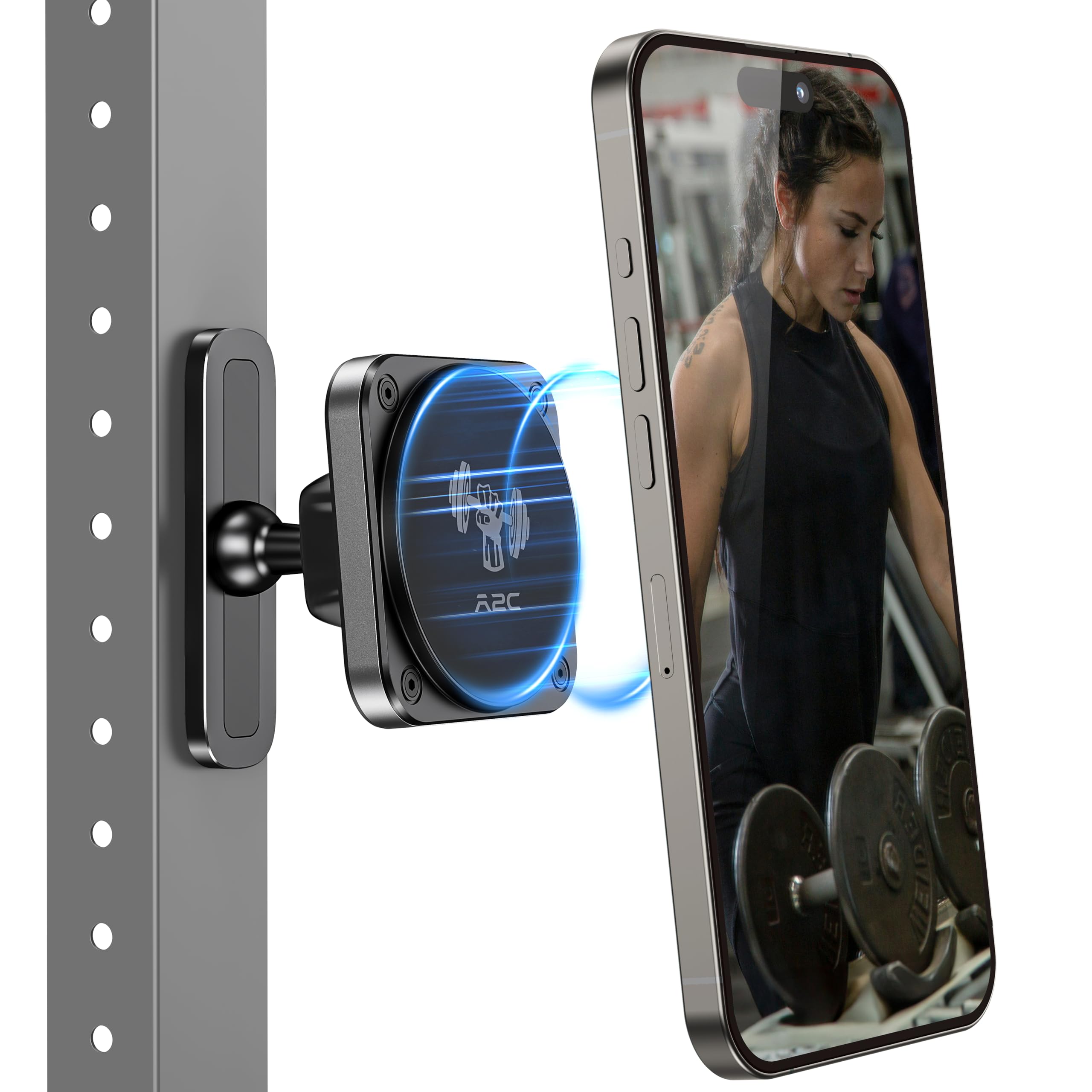 A2C Magnetic Phone Holder For Gym - Aluminum Alloy Base Attach To Metal Surfaces, Gym Phone Mount For Magsafe Iphone 12-16 Serie