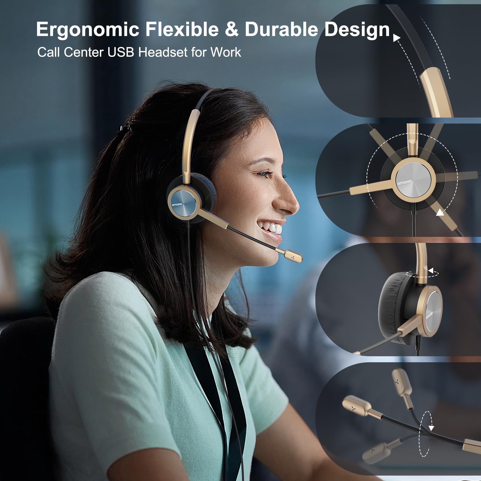 Usb Type C Headphones With Noise Canceling Microphone, Usb C Headset With Mic For Pc, Laptop, Lightweight Gold Headset For Call