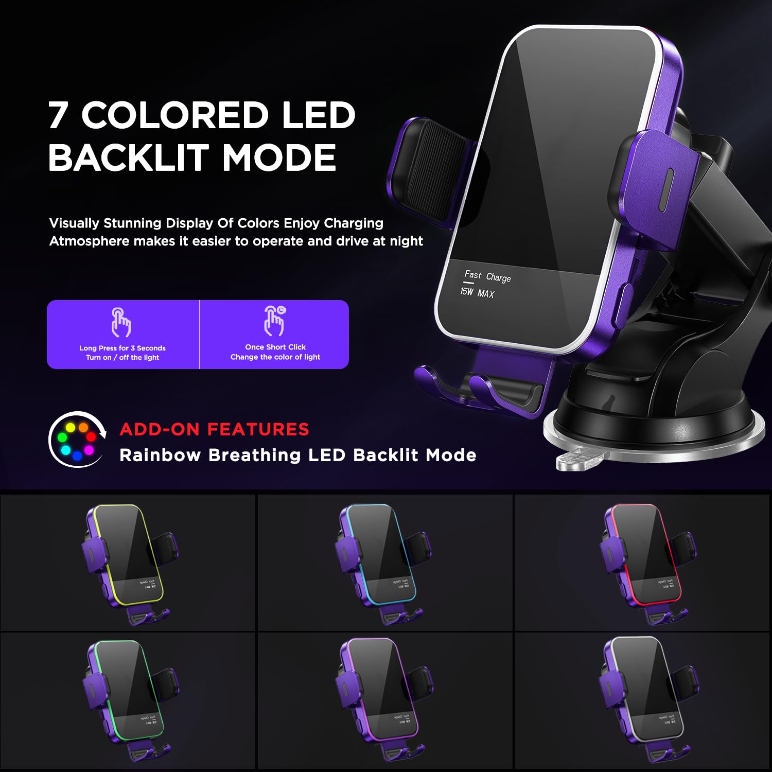 Wireless Car Charger,?7 Colored Rgb Backlit?15W Auto Clamping Car Charger Phone Mount Holder For Iphone 16 15 14 13 12 Mini Pro