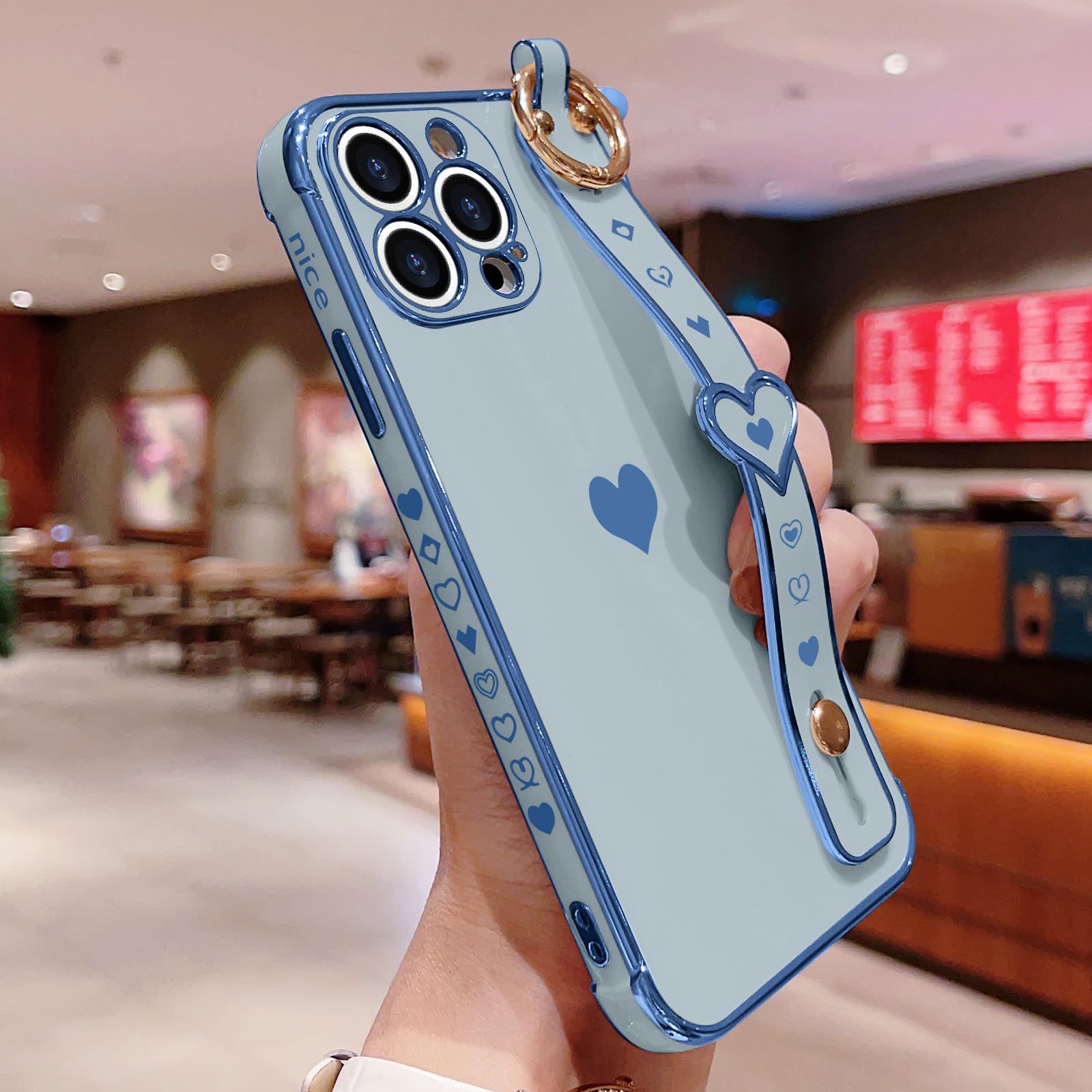 Llz.Coque For Iphone 13 Pro Max Case Cute Love Heart Plating Strap Phone Cover For Women Girls Bling Silicone Camera Lens Protec