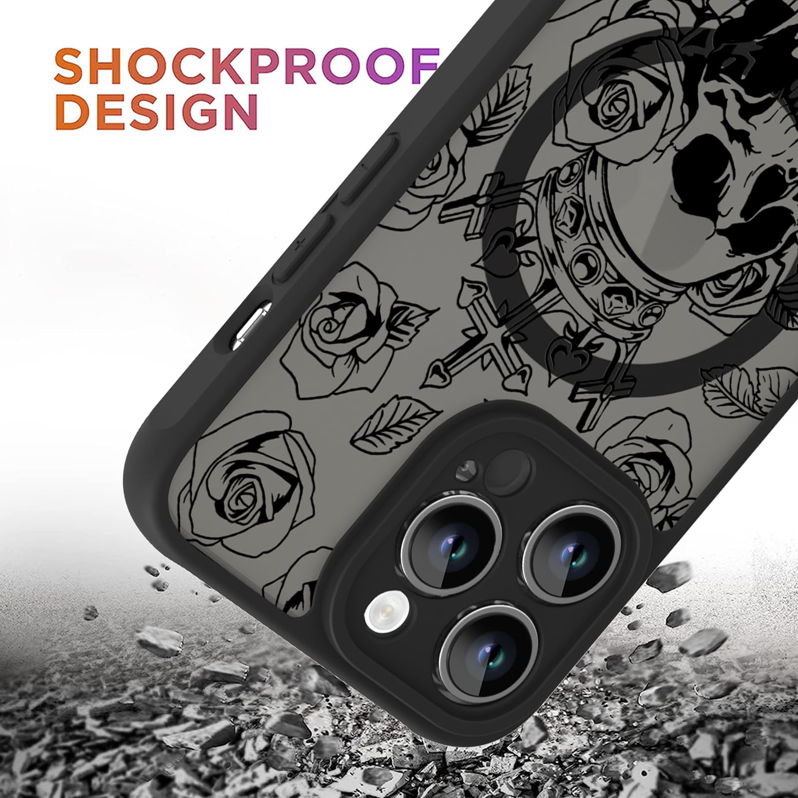 Ook Magnetic For Iphone 14 Pro Case Black Flower Skull Pattern [Compatible With Magsafe] Slim Translucent Matte Camera Lens Prot