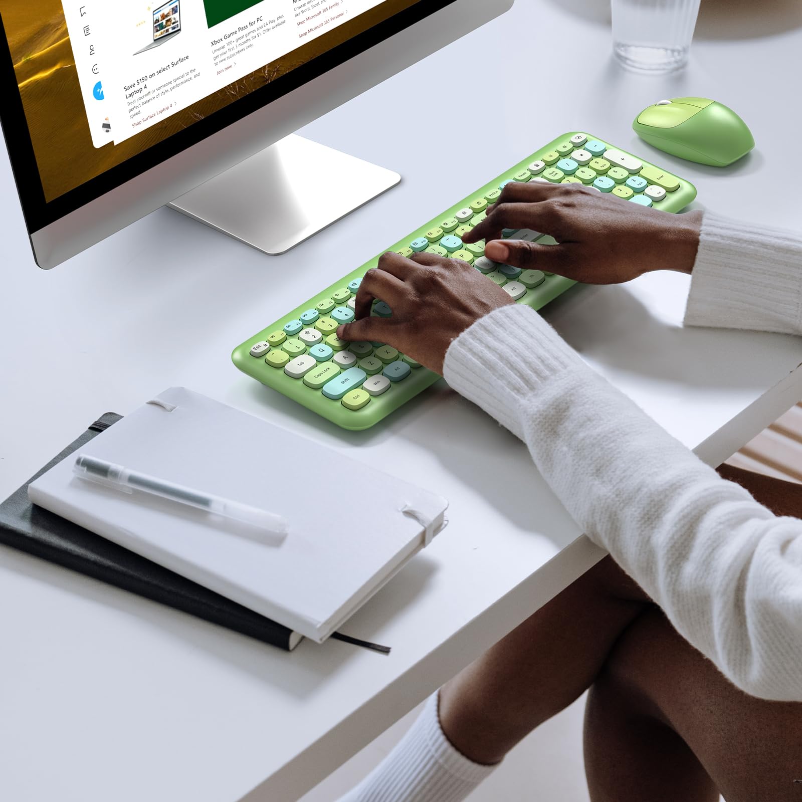 Knowsqt Wireless Keyboard And Mouse Combo, Pale Green Full Sized 2.4G Silent Keycap Colorful Keyboards, Usb Dongle Plug Play, La