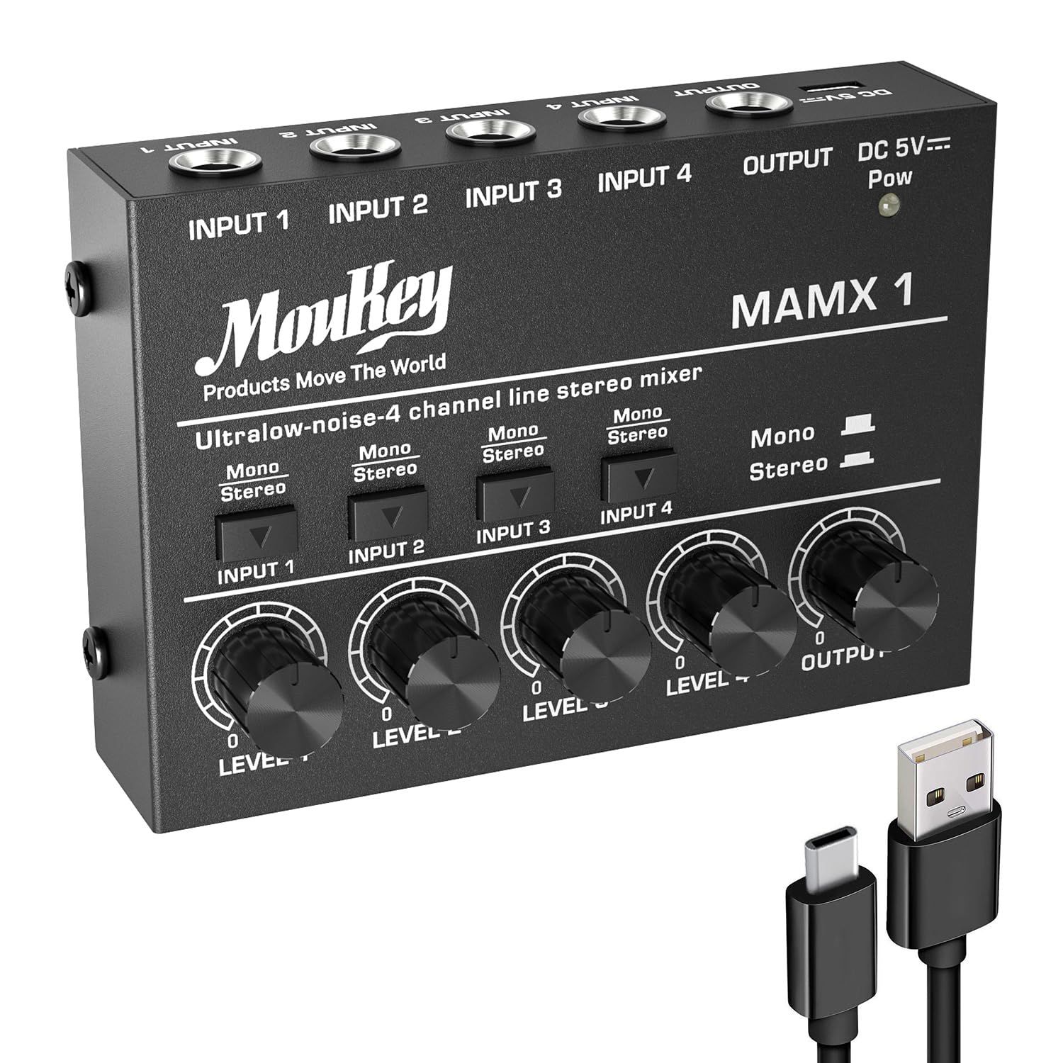 Moukey Mini Audio Mixer Line Mixer, Dc 5V, 4 Stereo Ultra, Low Noise 4 Channel For Sub Mixing, For Small Clubs Or Bars, As Guita