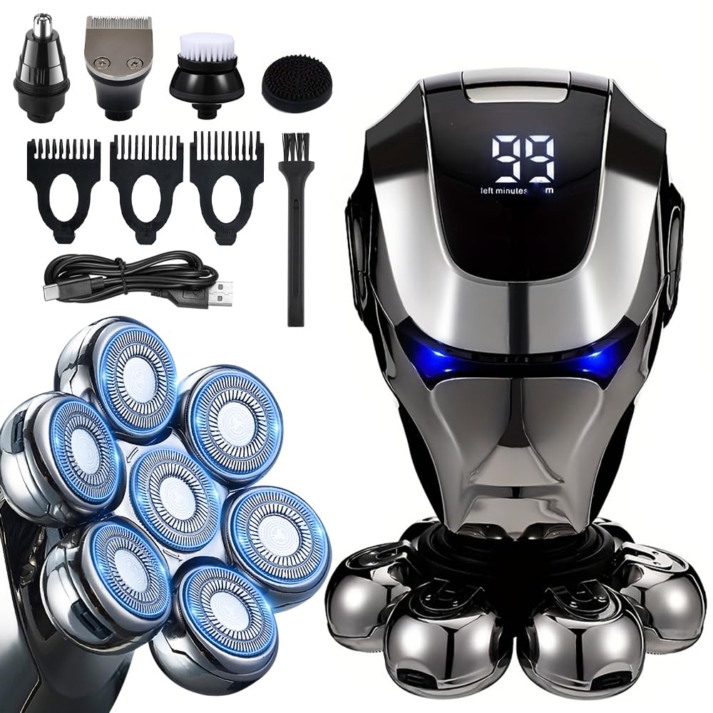 Electric 7D Head Shaver For Bald Men, 5 In 1 Rotary Shavers Grooming Kit With Nose Hair Trimmer, Hair Trimmer, Wet Dry Waterproo
