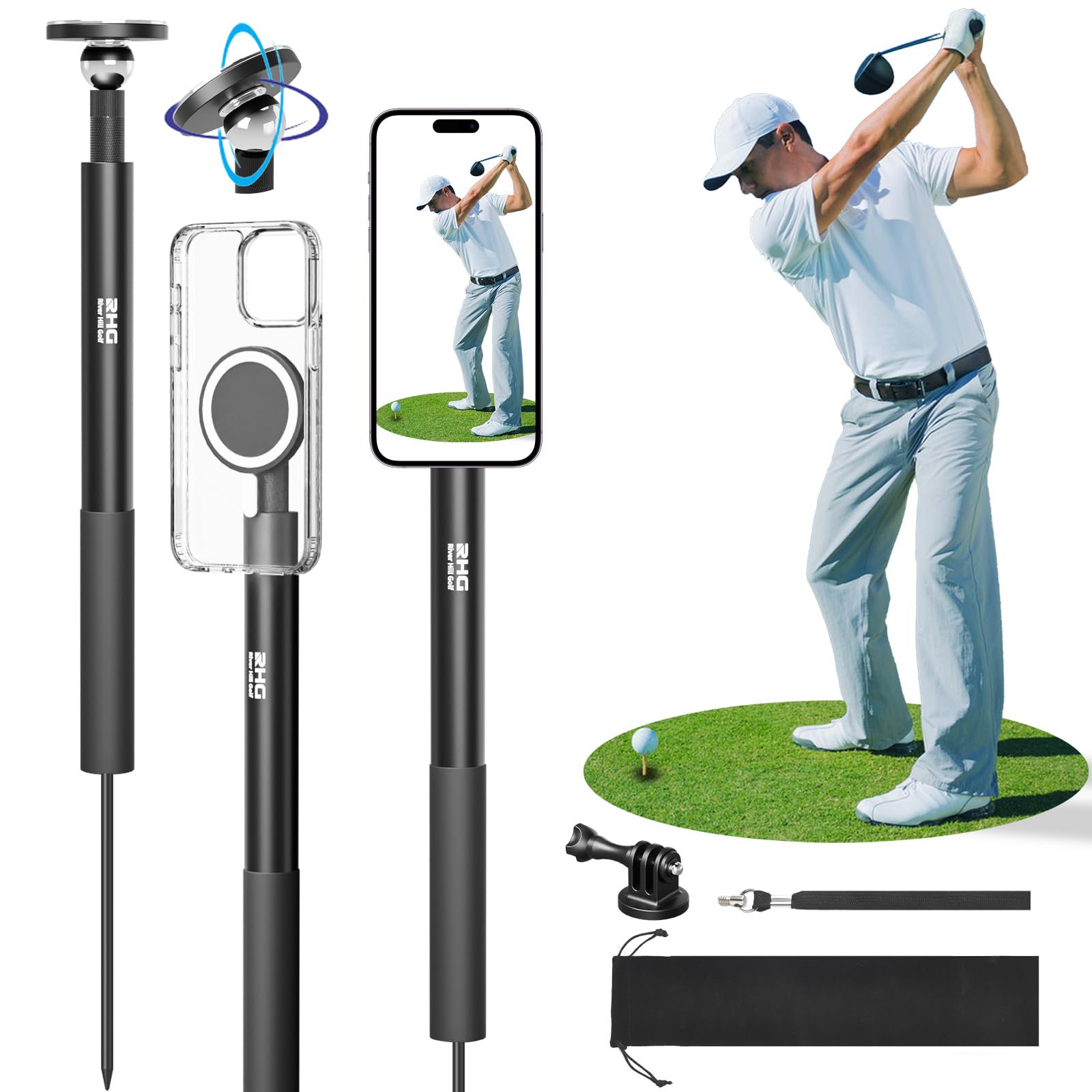 Golf Monopod Stick, Golf Swing Phone Holder, 46'' Magnetic Aluminum Alloy Selfie Stick W/Spike Stake Mount, Compatible W/Iphone 