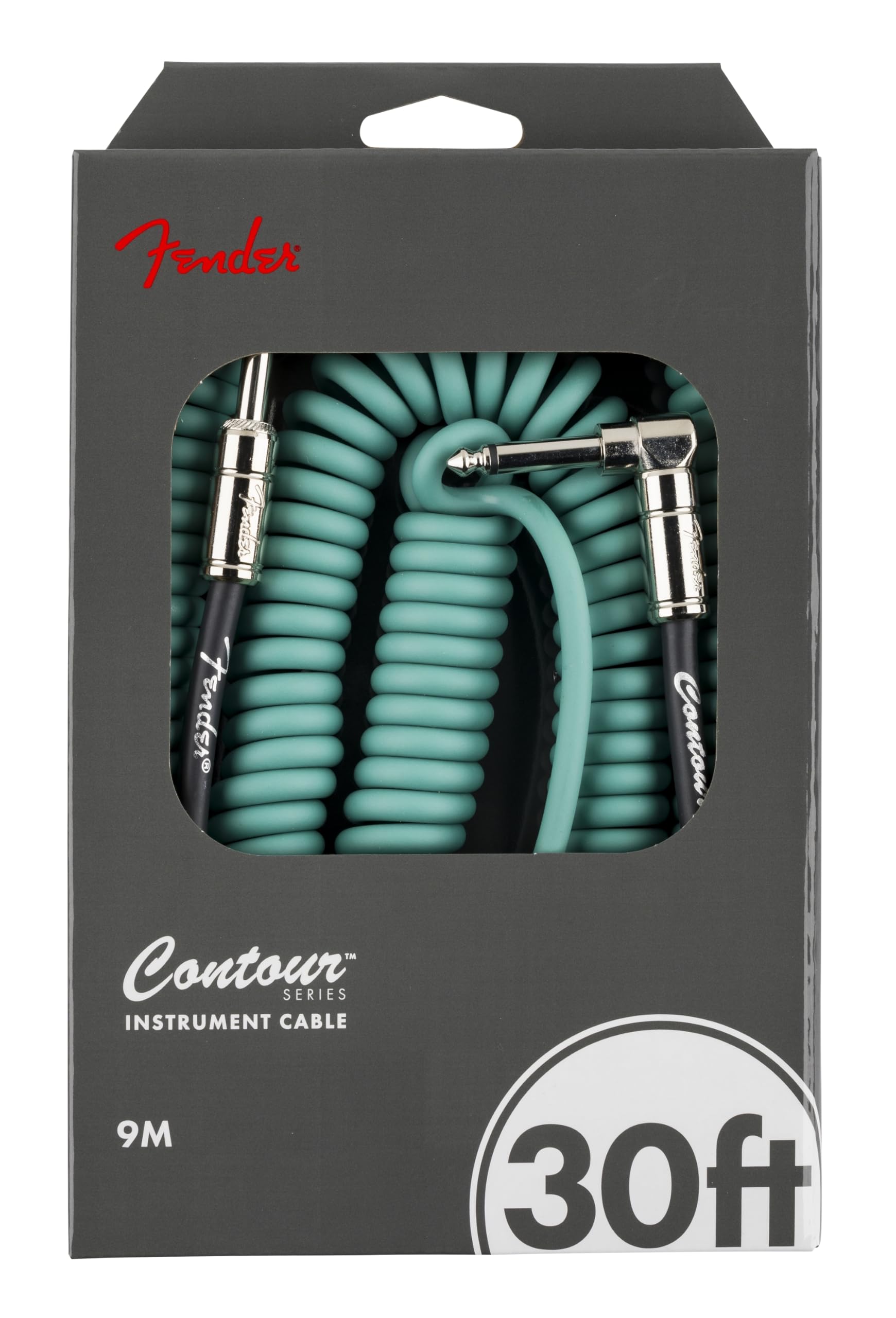 Fender Contour Coiled Instrument Cable, Guitar Accessories, Straight/Angle, Sherwood Green, 30 Ft