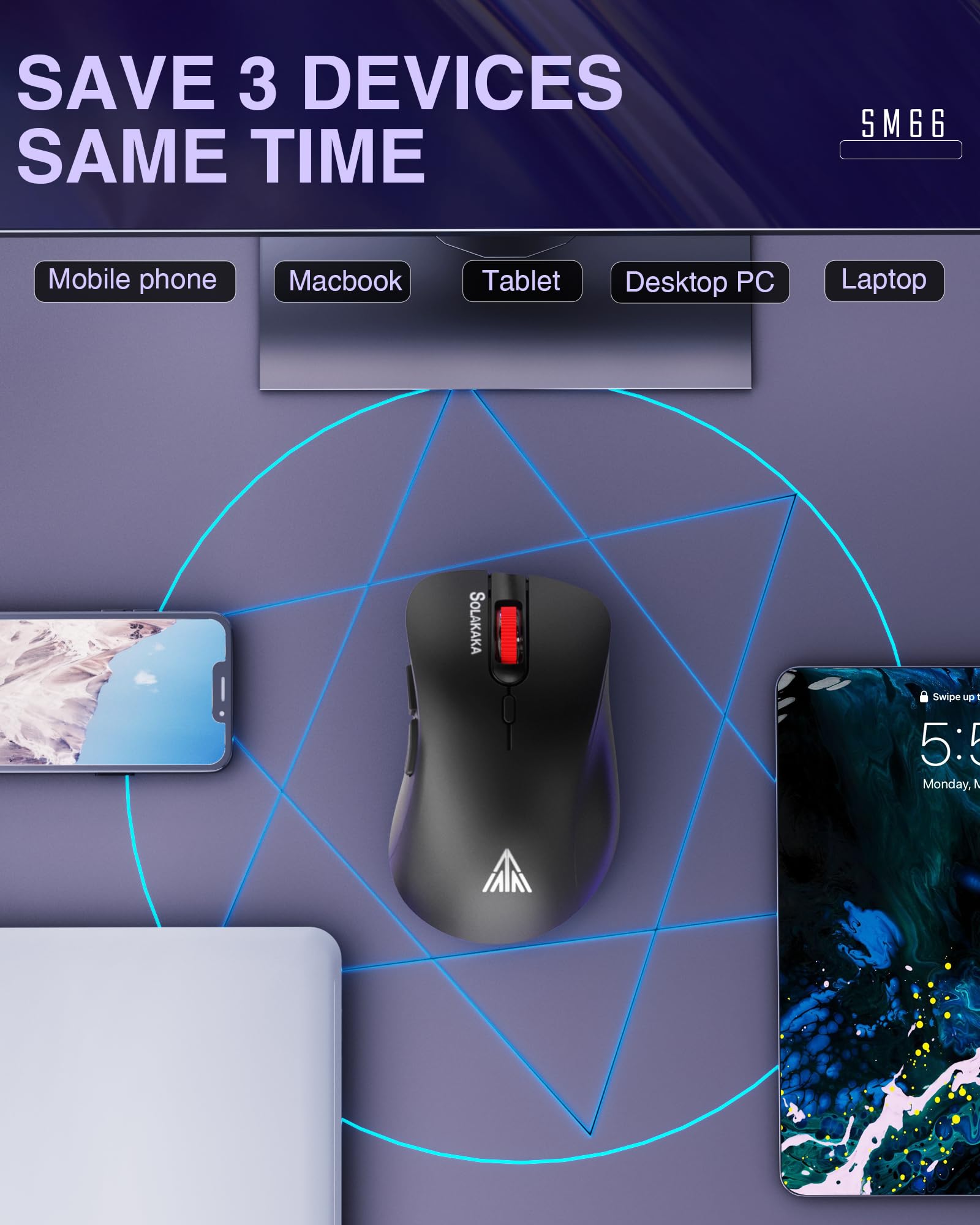 SOLAKAKA SM66 Wireless Mouse - 2.4GHz, 4800 DPI, Rechargeable, Black, Dual Mode with 2 Side Buttons