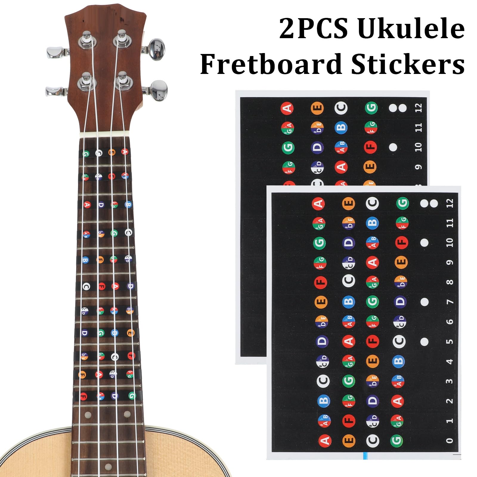Ptwola Ukulele Chord Chart Cheatsheets Laminated Chord Poster Beginner Learner With 2Pcs Colorful Fretboard Coded Note Decal Sti