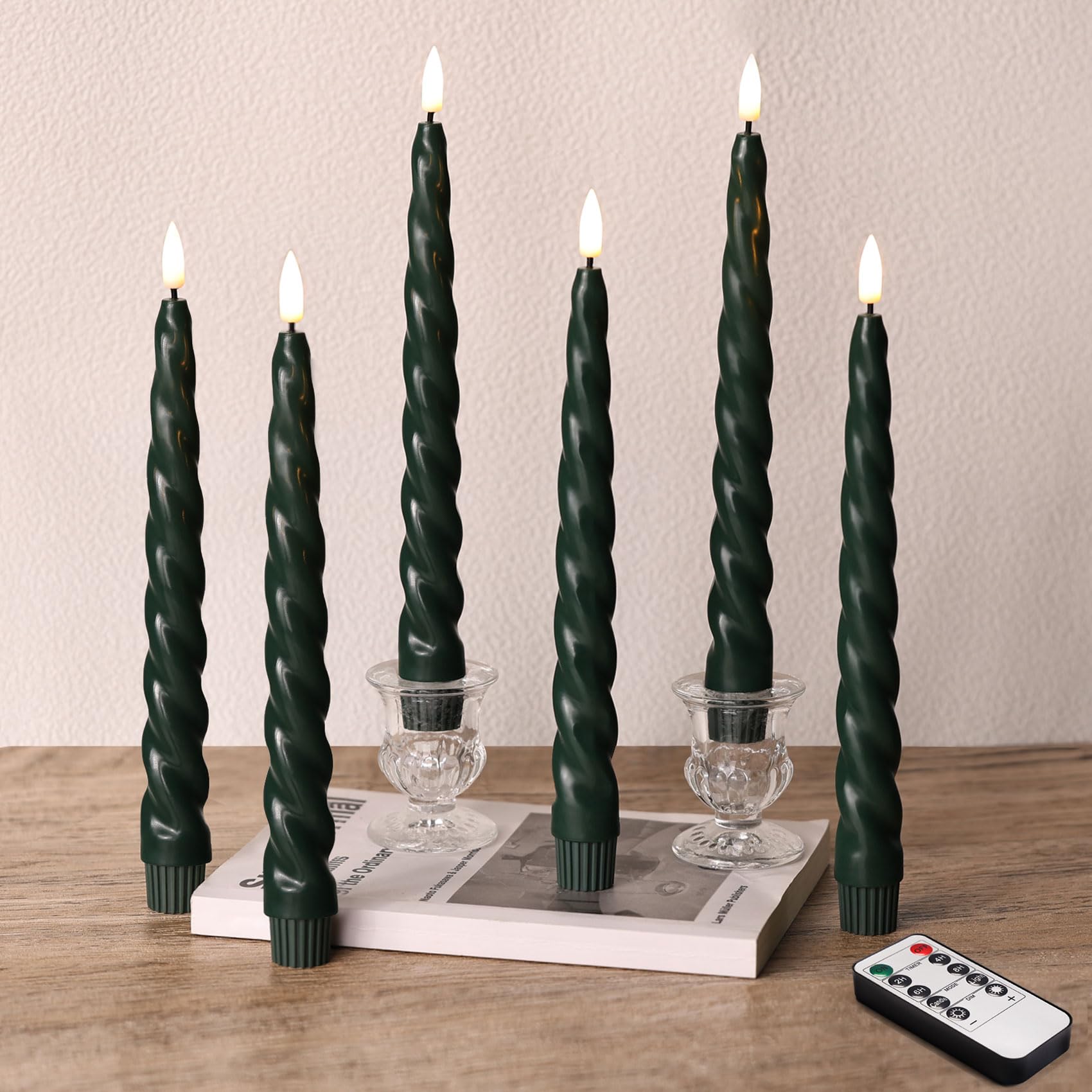 Girimax Dark Green Spiral Flameless Taper Candles with Remote, Flickering LED Wax Candlesticks Battery Operated Home Wedding Dec