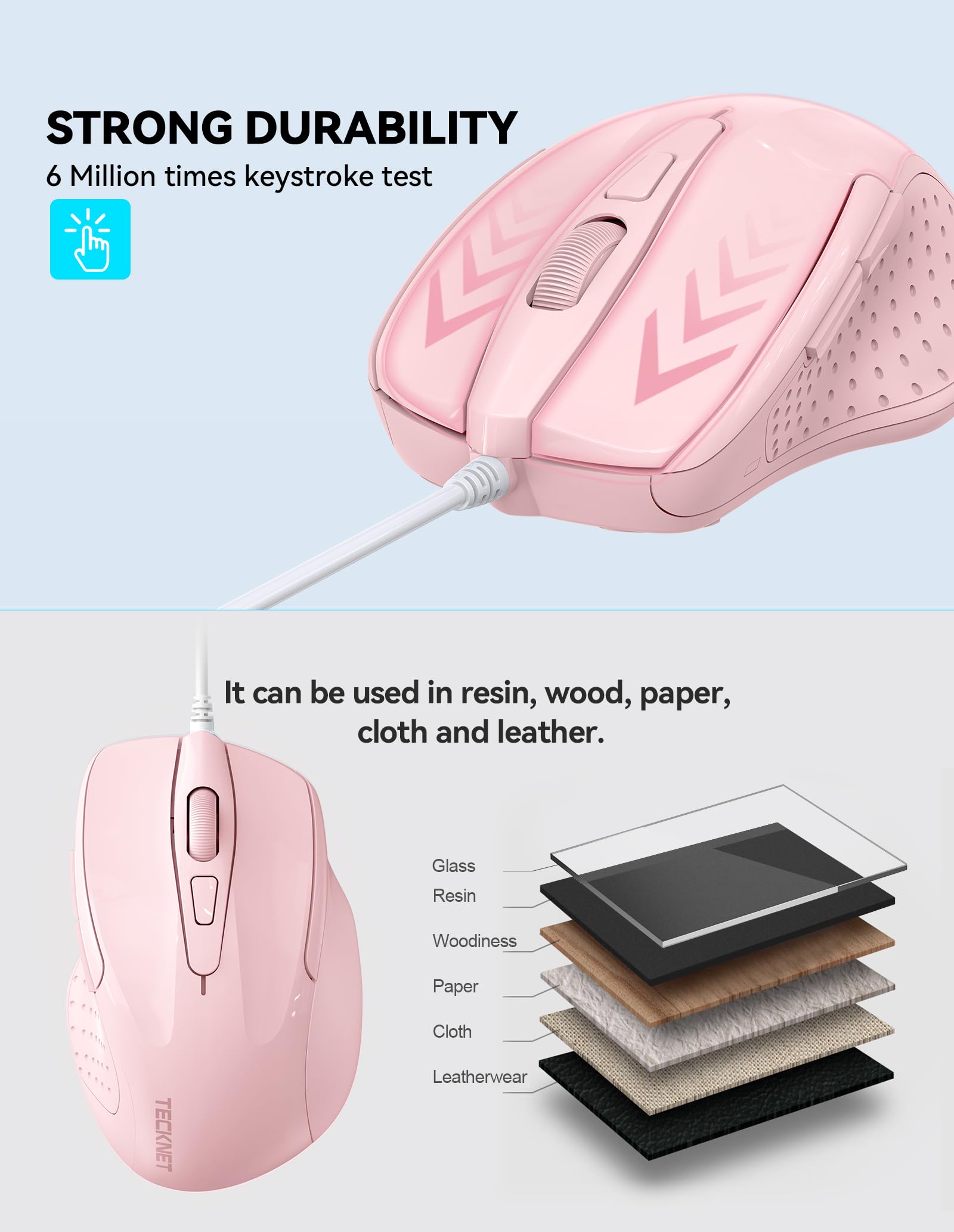 Tecknet Usb Wired Mouse, 6 Button Corded Mouse With 4 Adjustable Dpi, Optical Computer Mouse With Ergonomic Design And 5Ft Cord For Laptop, Chromebook, Pc, Desktop, Mac, Notebook   Pink