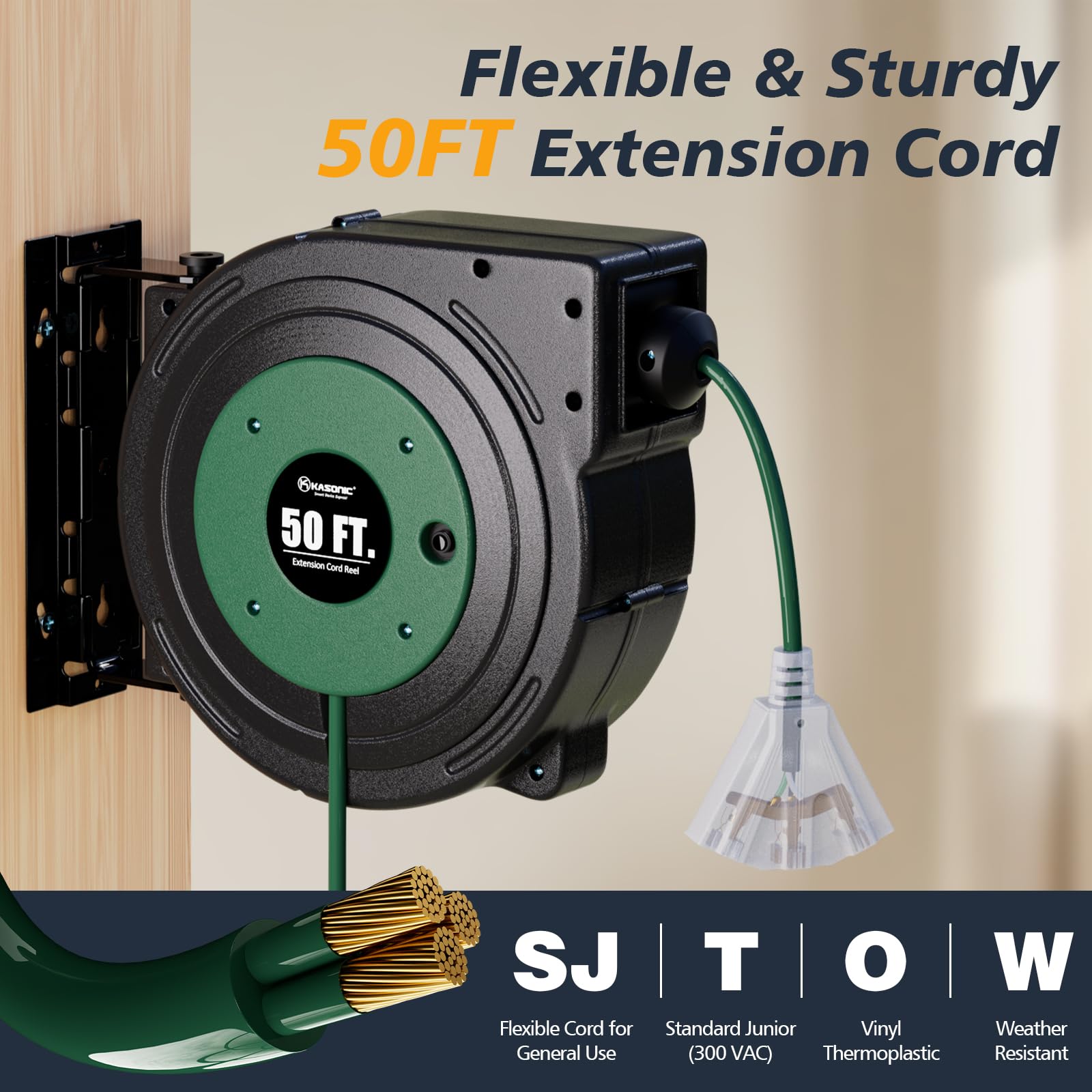 K Kasonic   50 Ft Retractable Extension Cord Reel, Ul Listed, 14Awg/3C Sjtow Heavy Duty Power Cord, 3 Grounded Outlets Lighted T