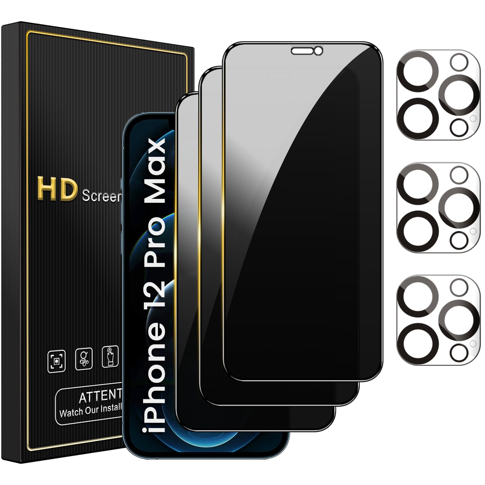 Nbiefuny 3 Pack Privacy Screen Protector For Iphone 12 Pro Max 6.7 Inch With 3 Pack Camera Lens Protector, Anti Spy Tempered Gla