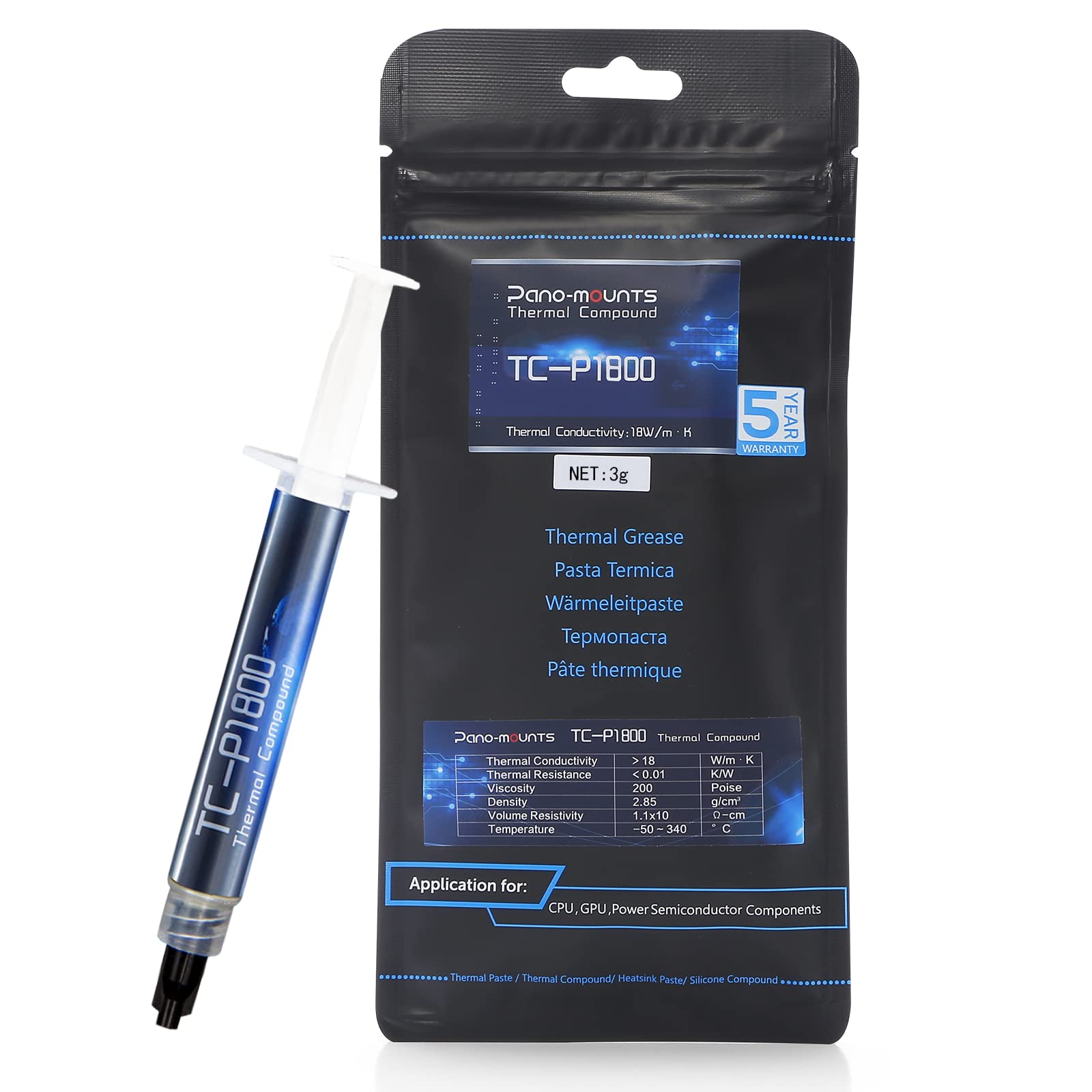PANO-MOUNTS 18W/mK 3g Thermal Paste, High Performance Thermal heatsink Compound CPU, for Cooling PC GPU, PS5, Laptops Graphics C