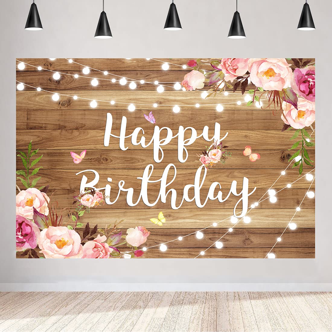 Aperturee 5X3Ft Pink Floral Happy Birthday Backdrop Butterfly Wooden Floor Watercolor Flowers Girls Women Photography Background