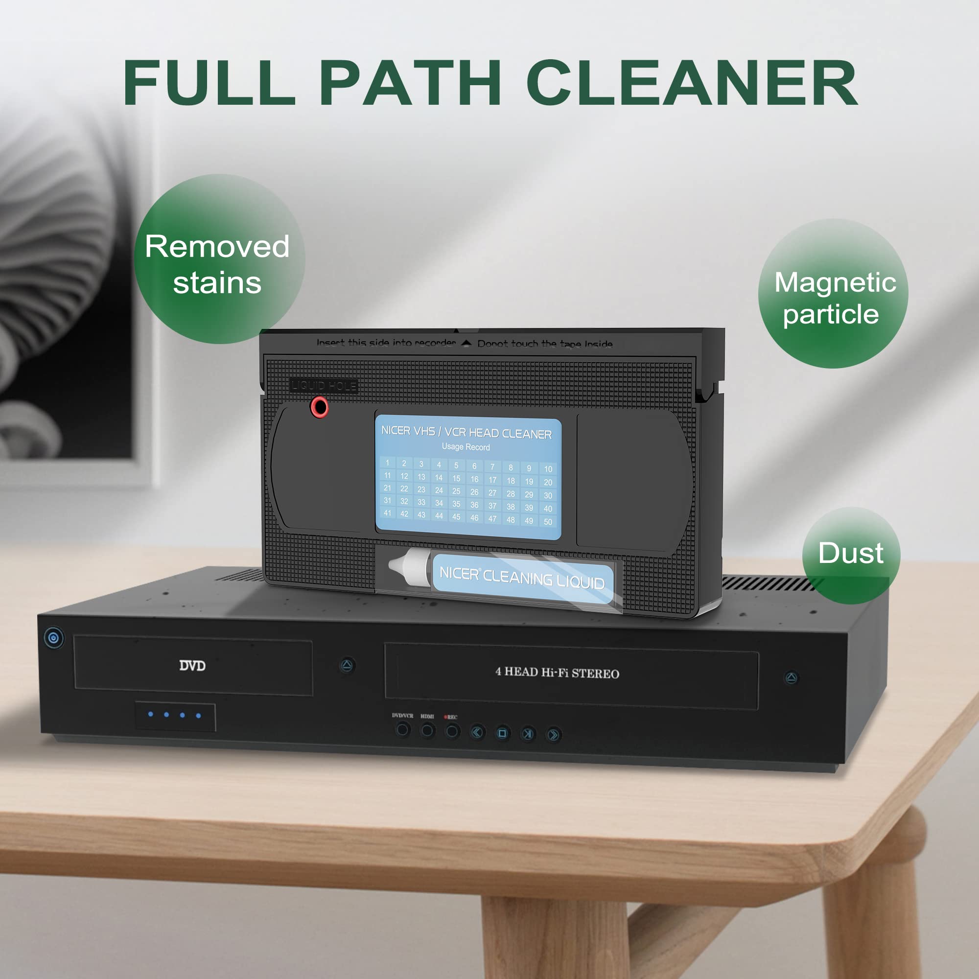 Nicer VCR Head Cleaner Tape - Wet Type for VHS Players, Effective Video Head Cleaning Solution
