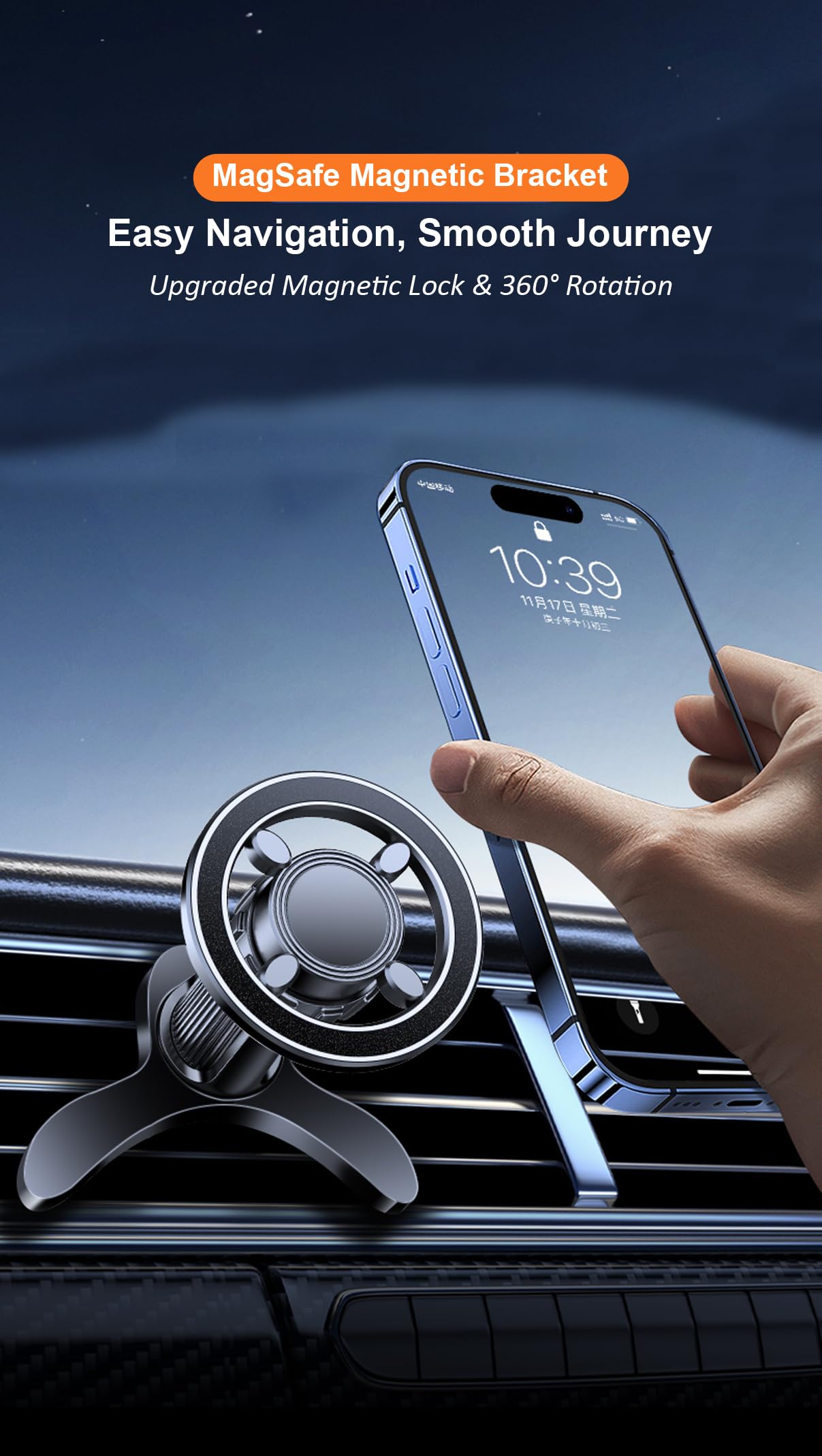 Mizi 2025 Mag-Safe Car Mount [17X N52 Magnets] Magnetic Phone Holder With 360 Rotation & Folding Hook Clip, Easy Install Air Ven