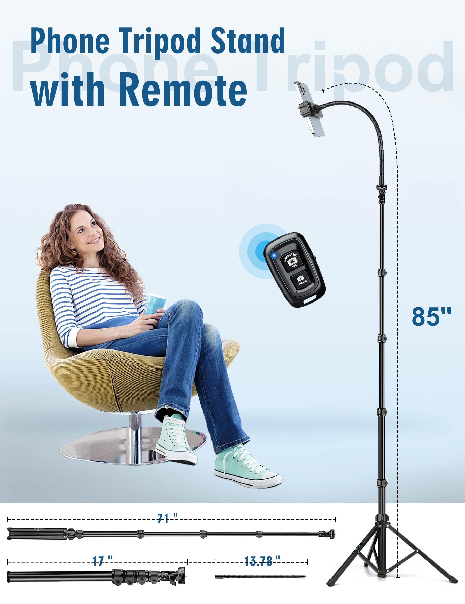 Nineigh Phone Tripod, 85'' Tripod For Cell Phone Iphone With Gooseneck, Aluminum Tripod Stand For Video Recording Photo Vlog, Tr