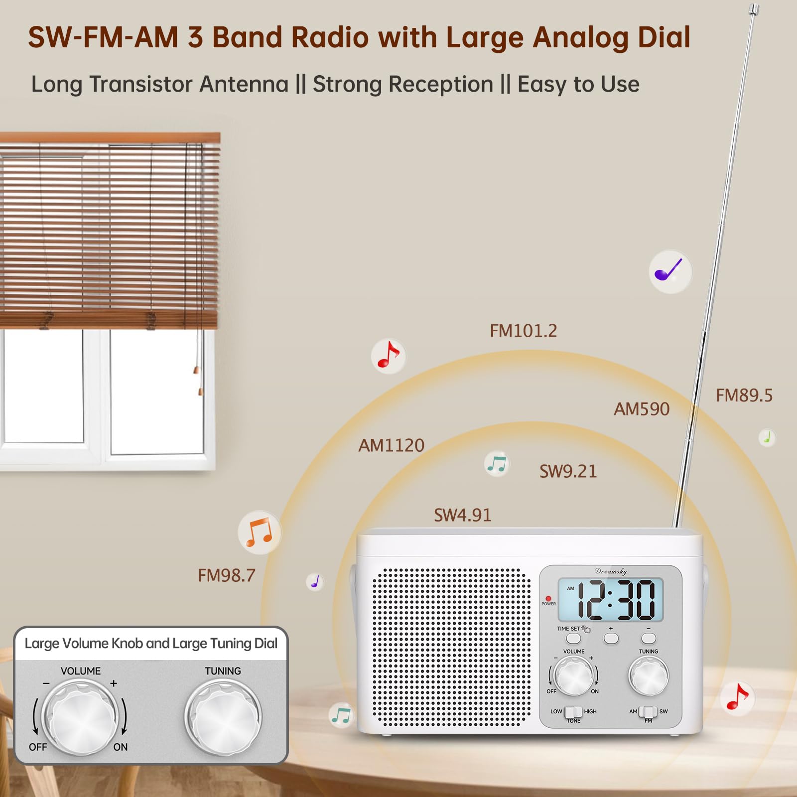Dreamsky Am Fm Radio Portable   Shortwave Radio Battery Powered Or Plug In Wall For Home Outdoor, Strong Reception, Large Dial E
