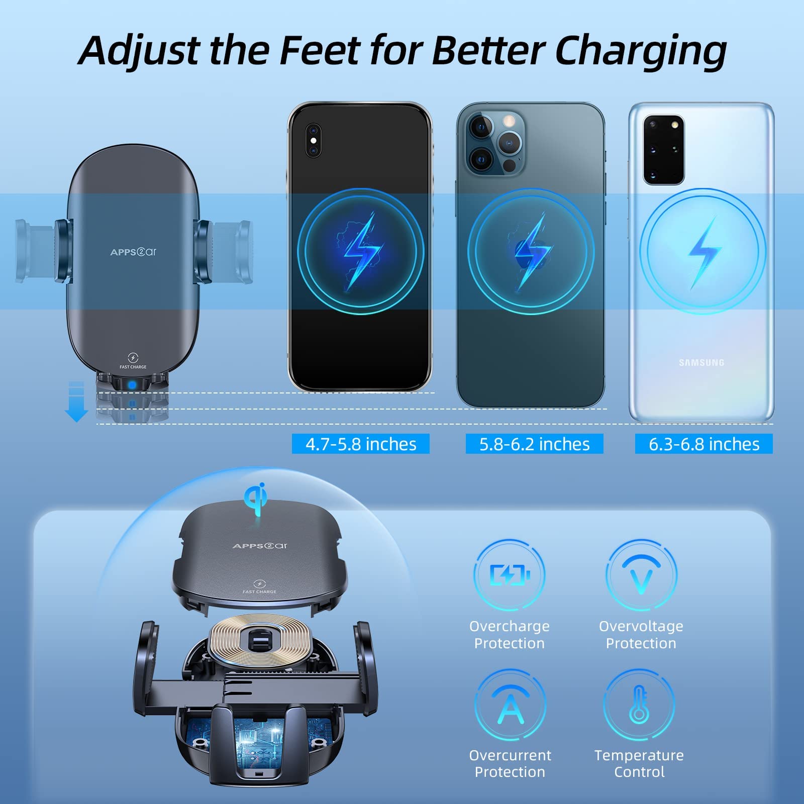 Apps2Car Wireless Car Charger 15W Fast Charging Car Phone Holder Charger Wireless Car Charger Mount For Dashboard Windshield Air