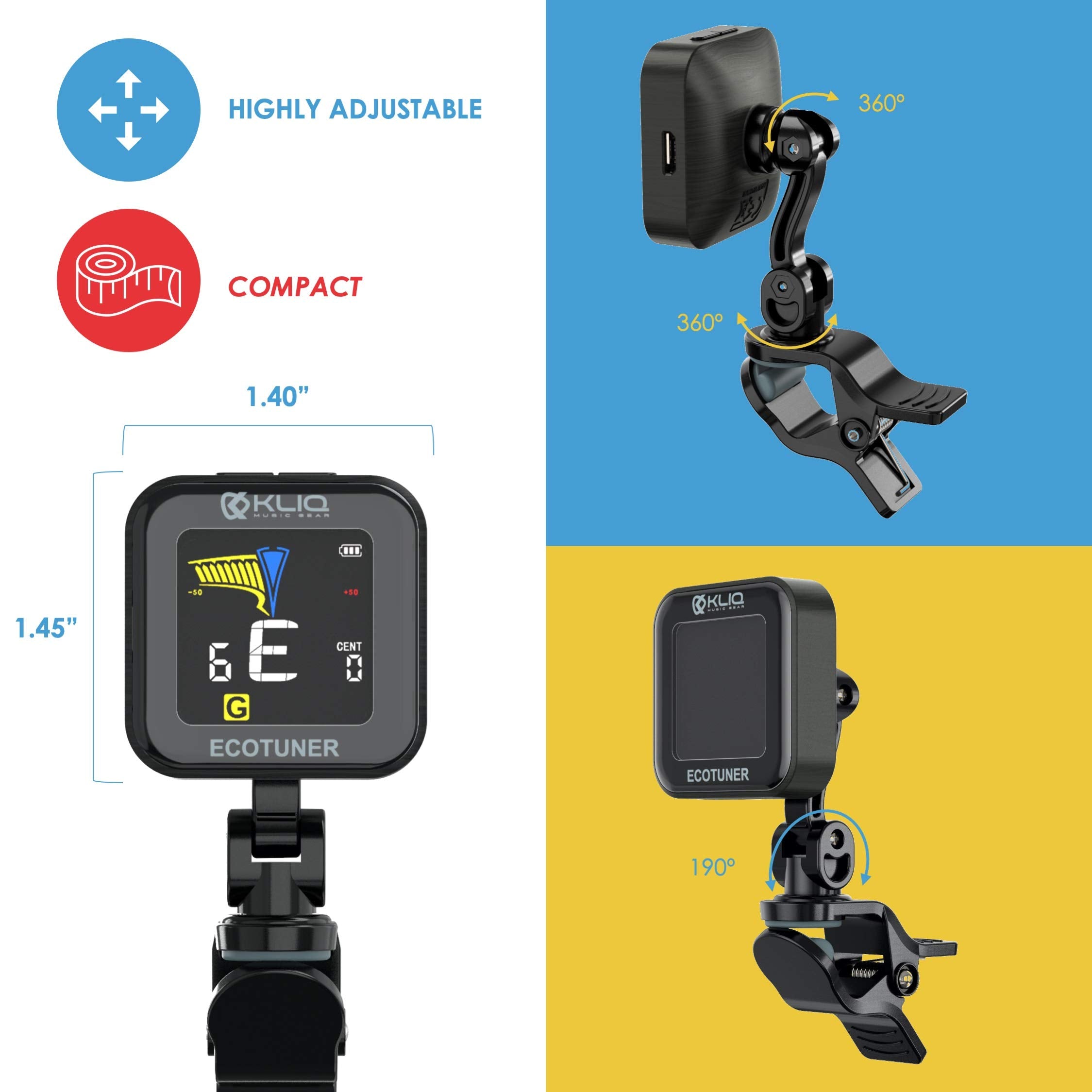 Kliq Ecotuner   Usb Rechargeable Clip On Tuner For All Instruments (With Included Charging Cable)