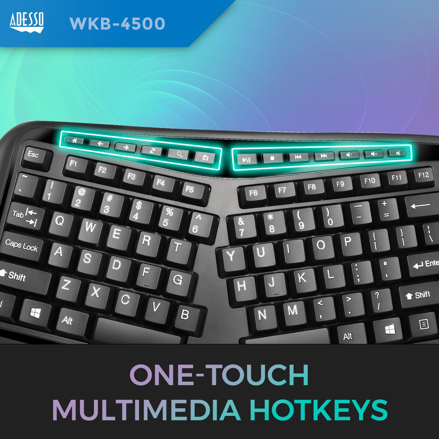 Adesso Wkb-4500Ub - Wireless Ergonomic Desktop Touchpad Keyboard, Split Keys Design, Palm Rest, Media Control Hotkeys, Long Batt