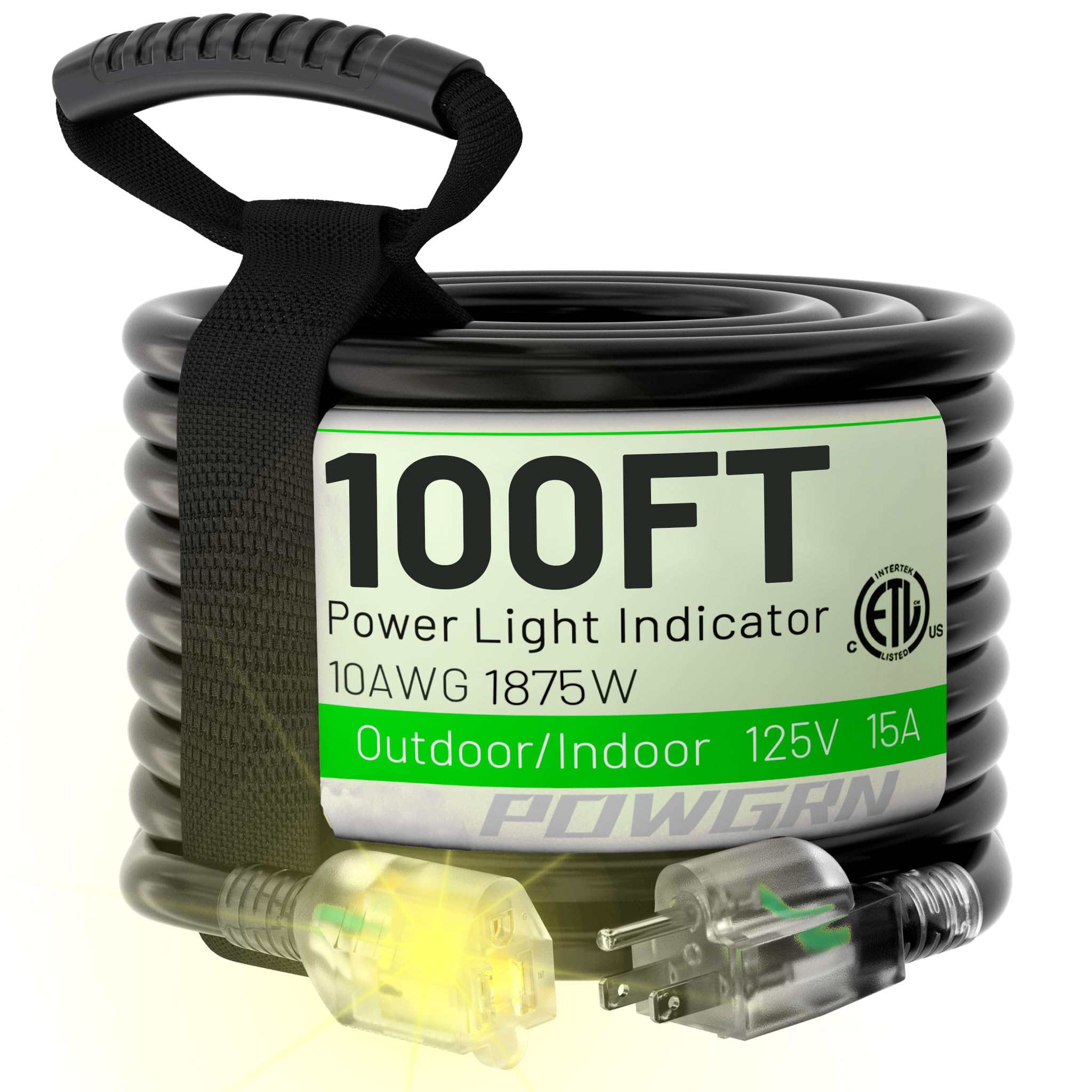 Powgrn 100 Ft 10/3 Black Outdoor Extension Cord Waterproof Heavy Duty 10 Gauge 3 Prong, Flexible Cold Resistant Long Power Cord