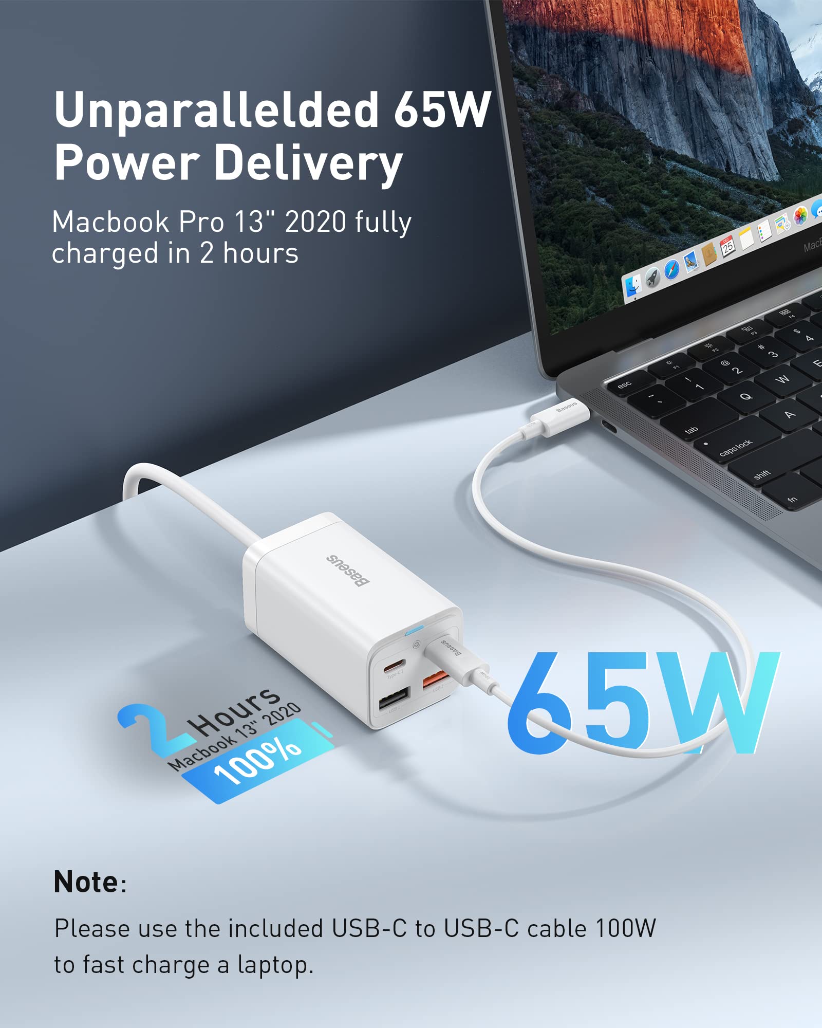 Usb C Charger, Baseus 65W Pd Gan3 Fast Wall Charger Block, 4 Ports [2Usb C + 2Usb] Charging Station With 5Ft Extension Cord For
