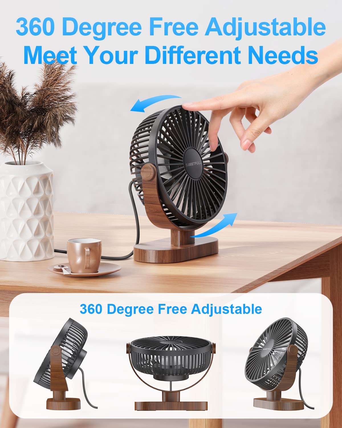 Sweetfull 6.5 Inch Usb Small Desk Fan, 3 Speeds Quiet Portable Desktop Table Fan, 360 Adjustment Personal Mini Fan For Home Offi