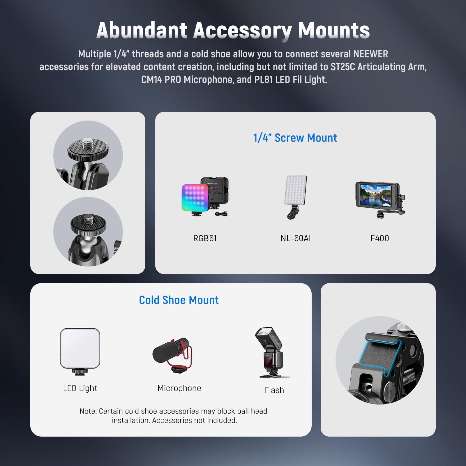 Neewer Super Clamp With 3'' Dual Ballhead Magic Arm, Ball Head Adapter, Cold Shoe, Phone Holder, Action Camera Clamp Mount For F