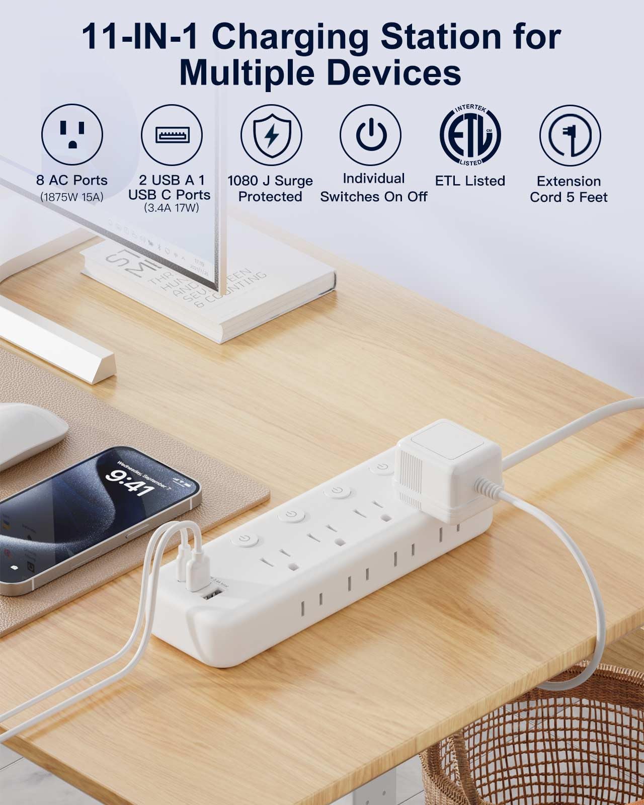Appliance Extension Cord With Individual Switches On Off   5 Ft, 14 Gauge Heavy Duty Extension Cord With Usb Ports, 8 Outlets, H