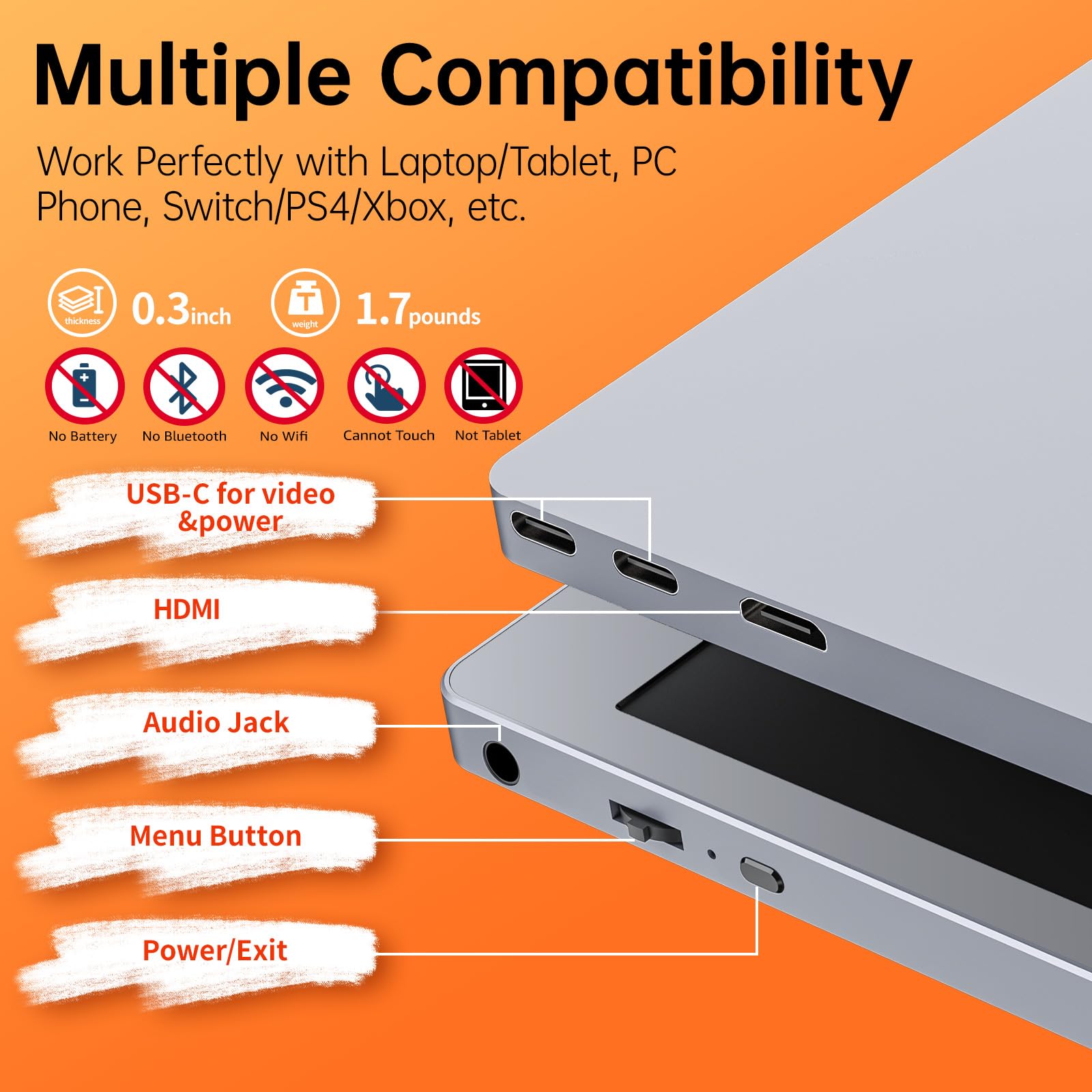 Upperizon Portable Monitor 15.6 Inch 1080P Fhd Hdr Ips Travel Monitor Hdmi Usb C Portable Monitor For Laptop Macbook Pc Surface