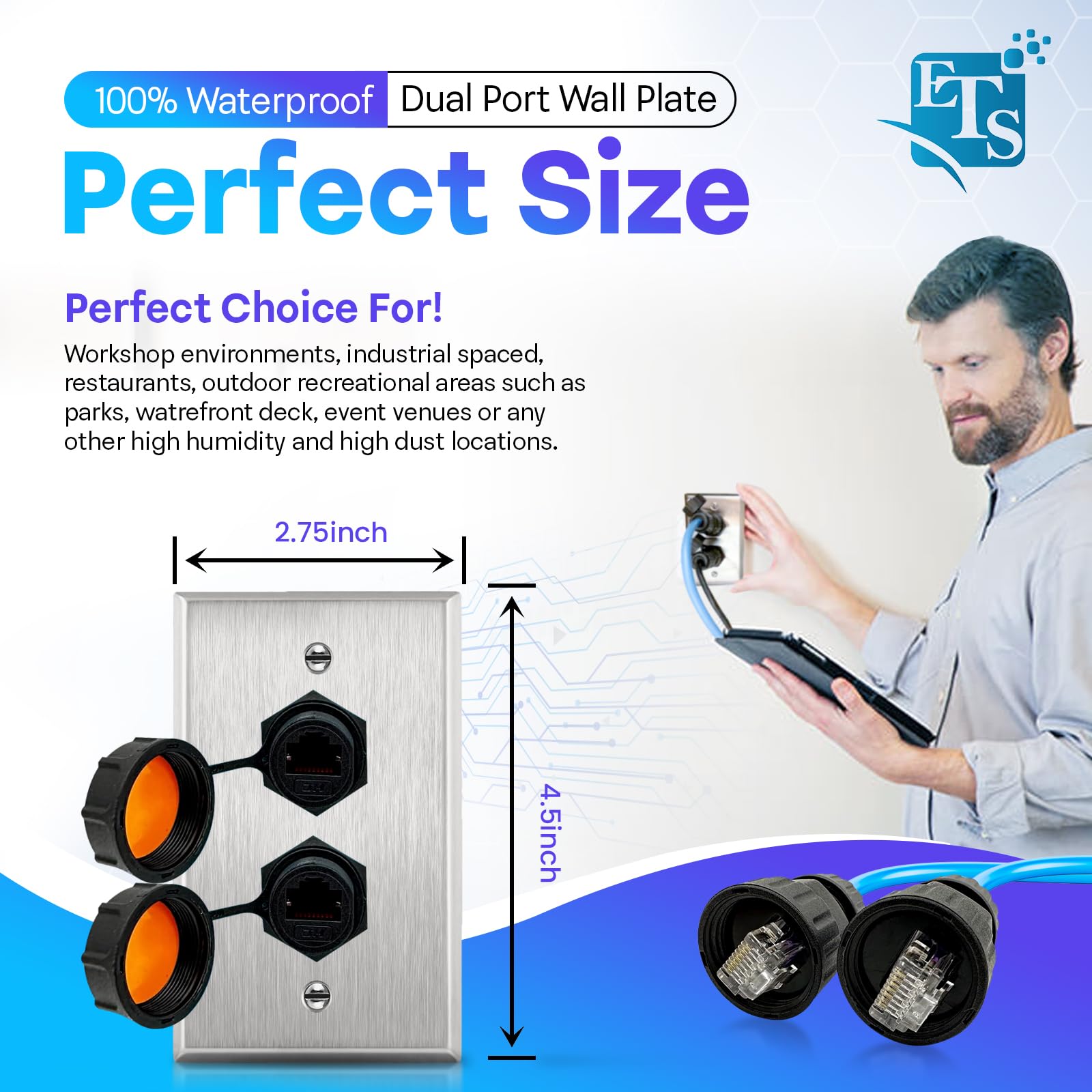 ETS Dual Gang Stainless Steel Outdoor Ethernet Wall Plate with Double IP68 RJ45 CAT6 Pass-Through Jack