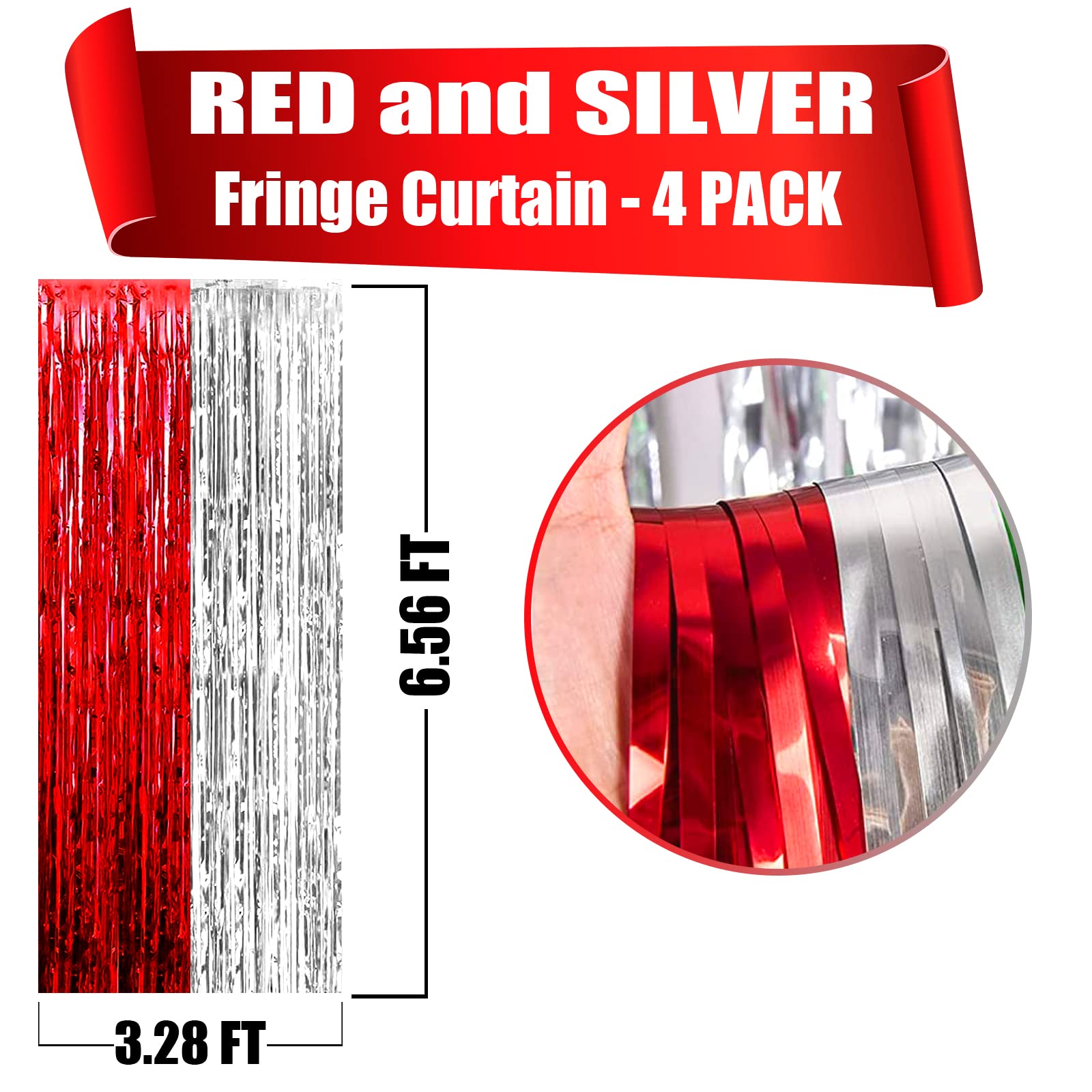 4 Pack Silver Red Foil Fringe Curtain Backdrop, 3.28Ft X 6.56Ft Metallic Tinsel Foil Fringe Streamers Curtains For Photo Booth,