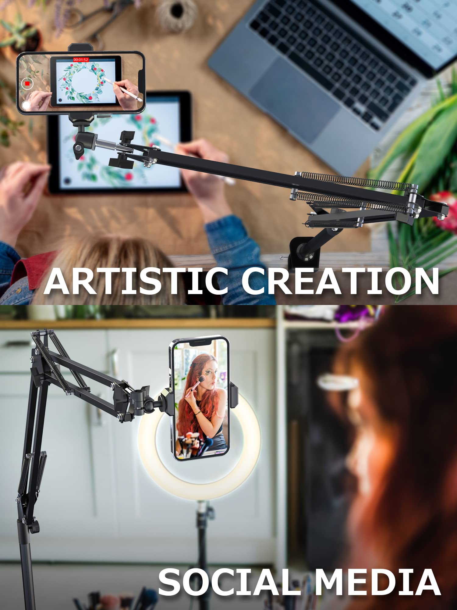 Cacencan Overhead Camera Mount, 5Lb Horizontal Load Bearing, 360 Adjustable Camera Stand For Desk, Flexible Camera Arm Desk Moun