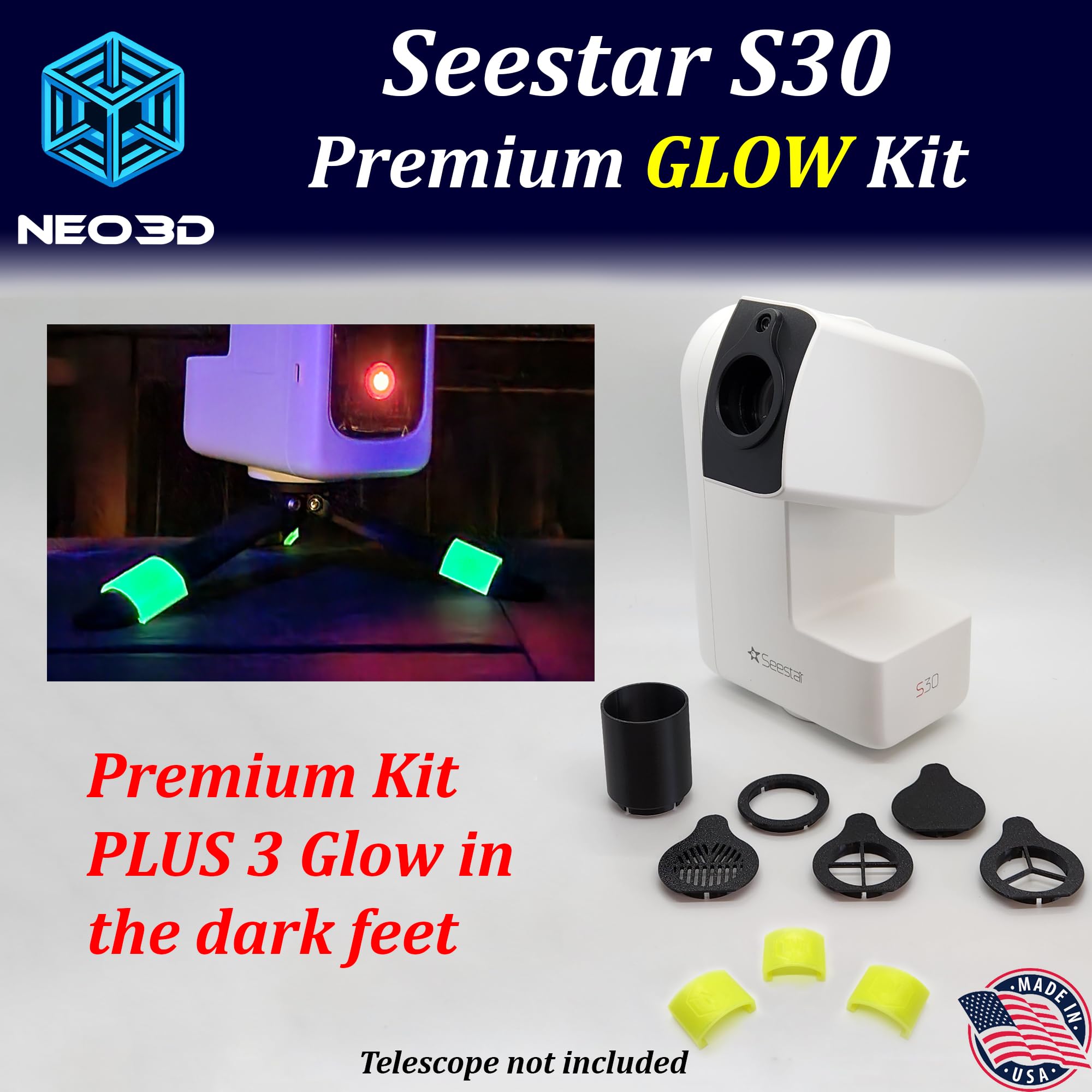 Seestar S30 Dew Shield Premium Glow Accessory Kit, Dew Shield, Dust Cap, Glow In The Dark Feet, Bahtinov Focus Mask, Diffraction