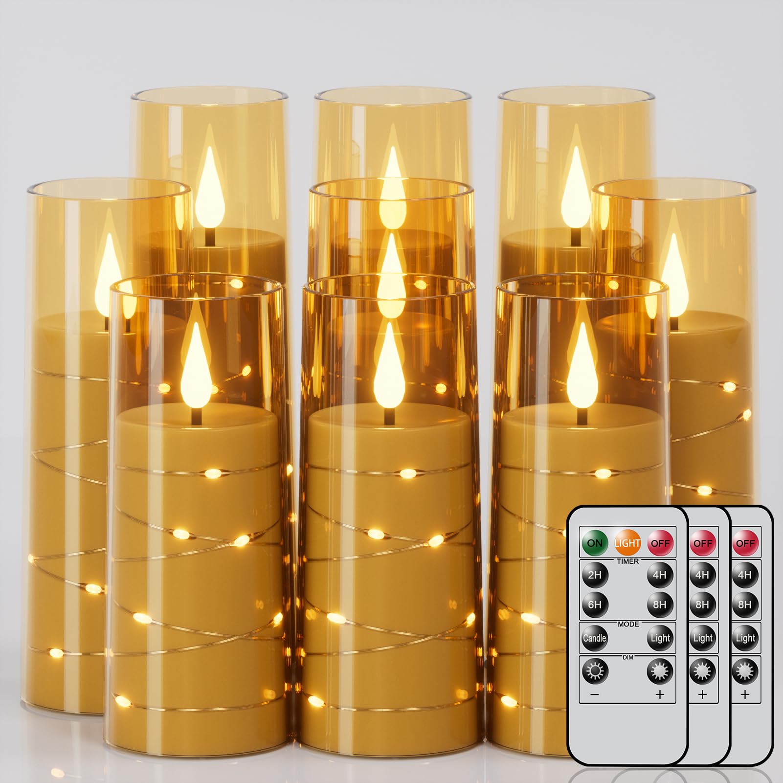 Genswin Flickering Flameless Candles With 3 Remote Timer, 9 Pack Battery Operated Candles With Embedded Star String, Gold Led Ba