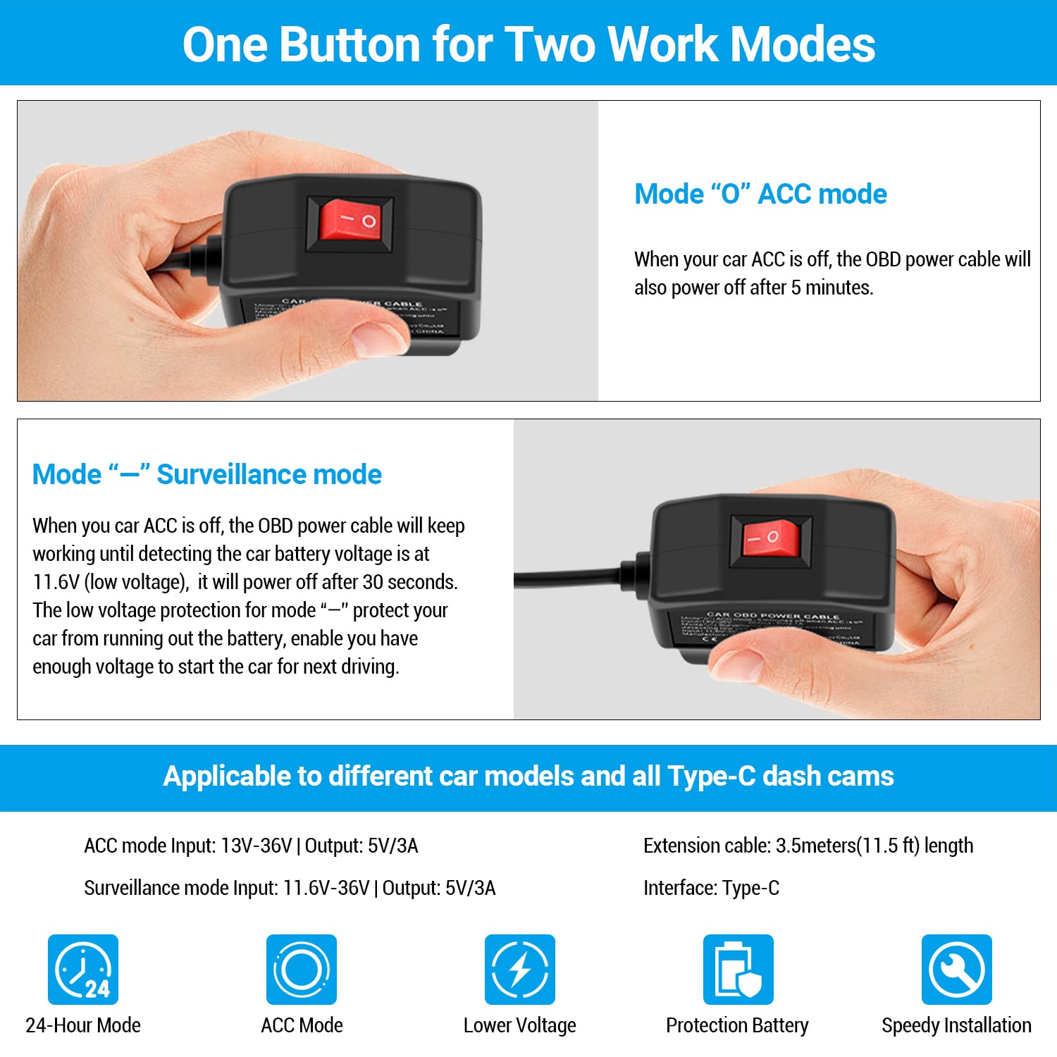 Ssontong Upgraded Obd2 Obd Power Cable For Dash Camera, Obd To Type C Usb Obdii Adapter Hardwire Charger Cable 24 Hours Surveill