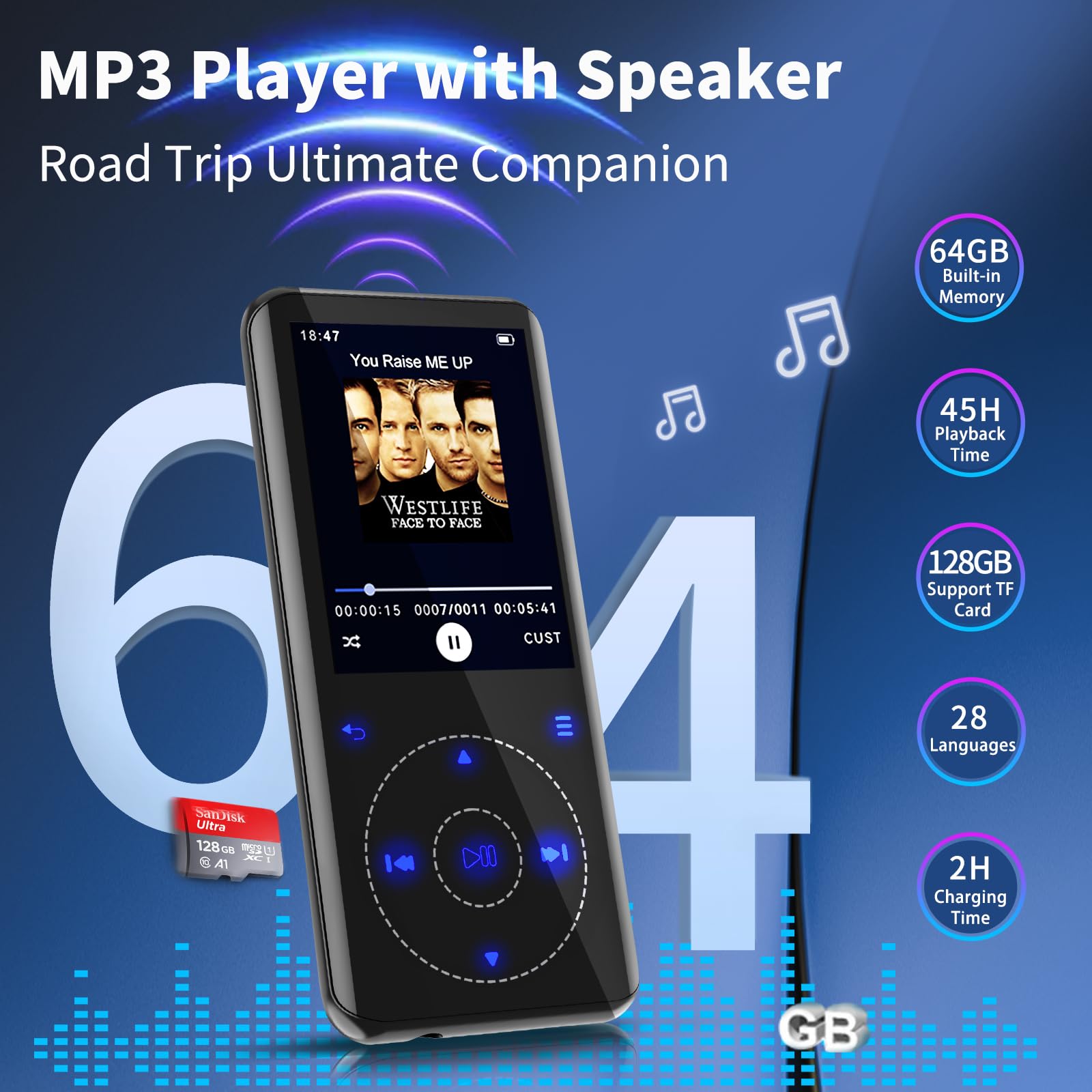 Ruizu 64Gb Mp3 Player With Bluetooth 5.3, Speaker, 2.4 Inch Screen, Portable Music Player For Sport Running, Fm Radio, Voice Recorder, Digital Audio Video Shuffle Playback, Support 128Gb Micro Sd Card