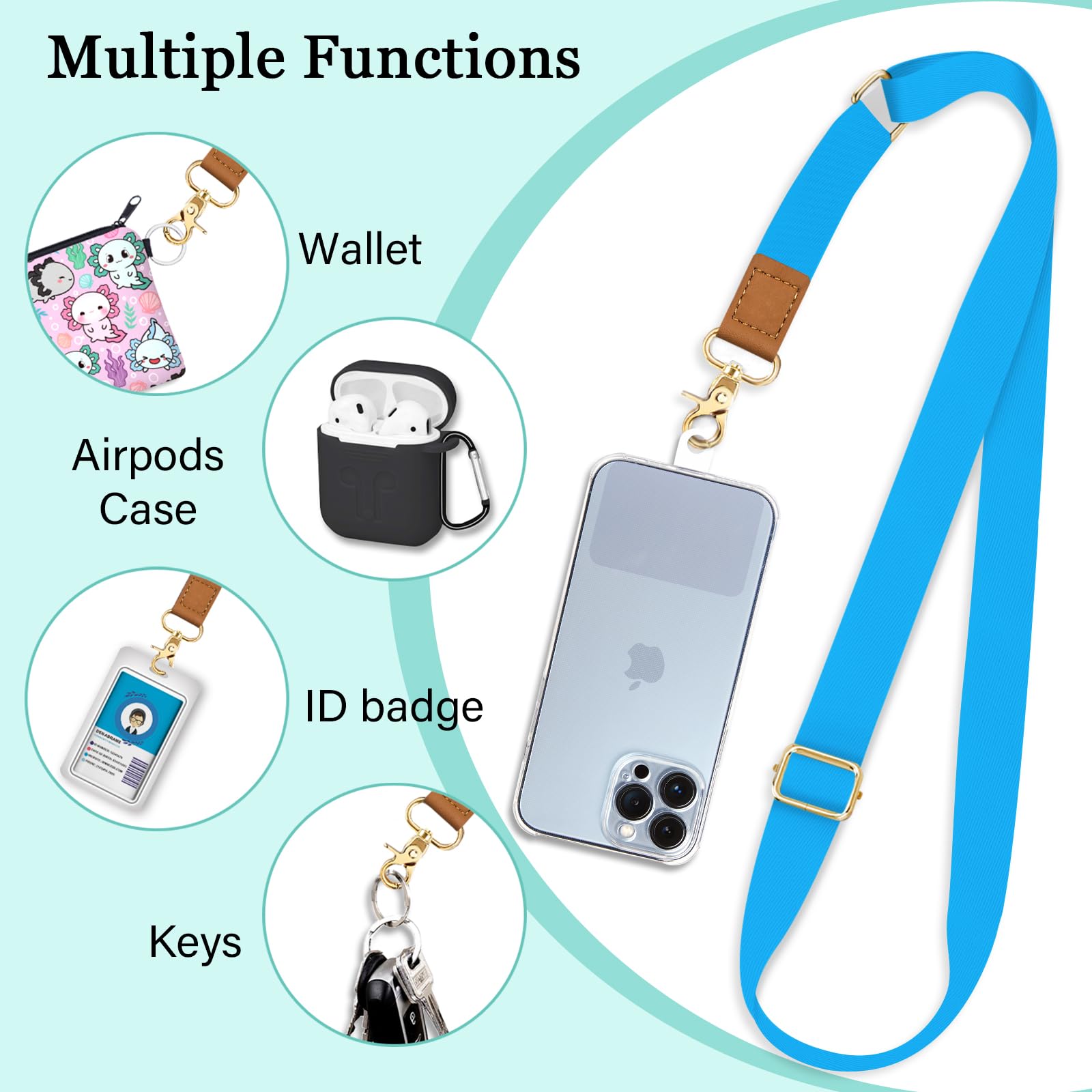 Piefly Phone Lanyard Crossbody Phone Strap, Blue Cell Phone Lanyards For Around The Neck Wristlet Shoulder, Wrist Strap For Keys