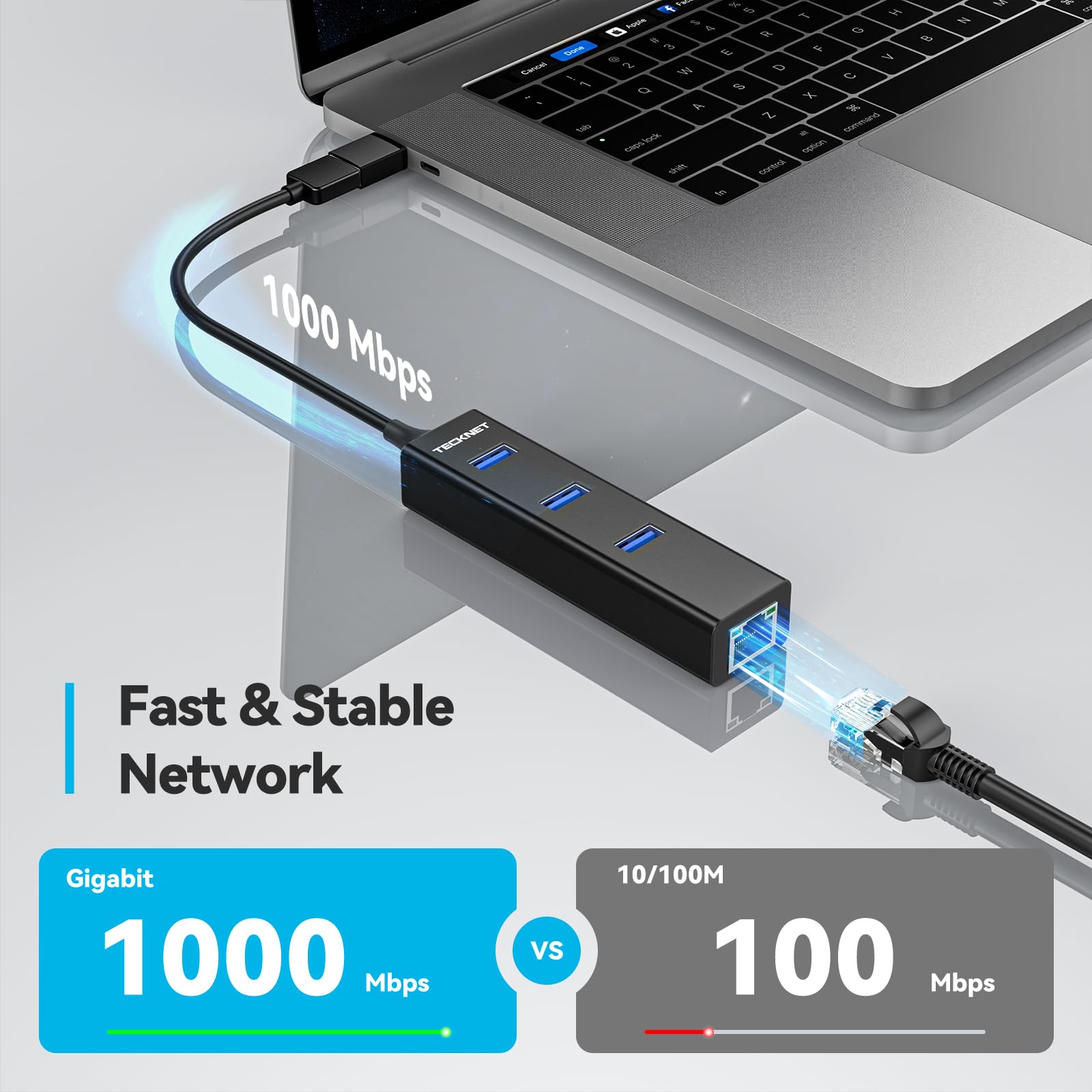 Tecknet Usb To Ethernet Adapter, Usb C To Ethernet, Aluminum 3 Port Usb 3.0 Hub With Rj45 10/100/1000 Gigabit Ethernet Adapter C