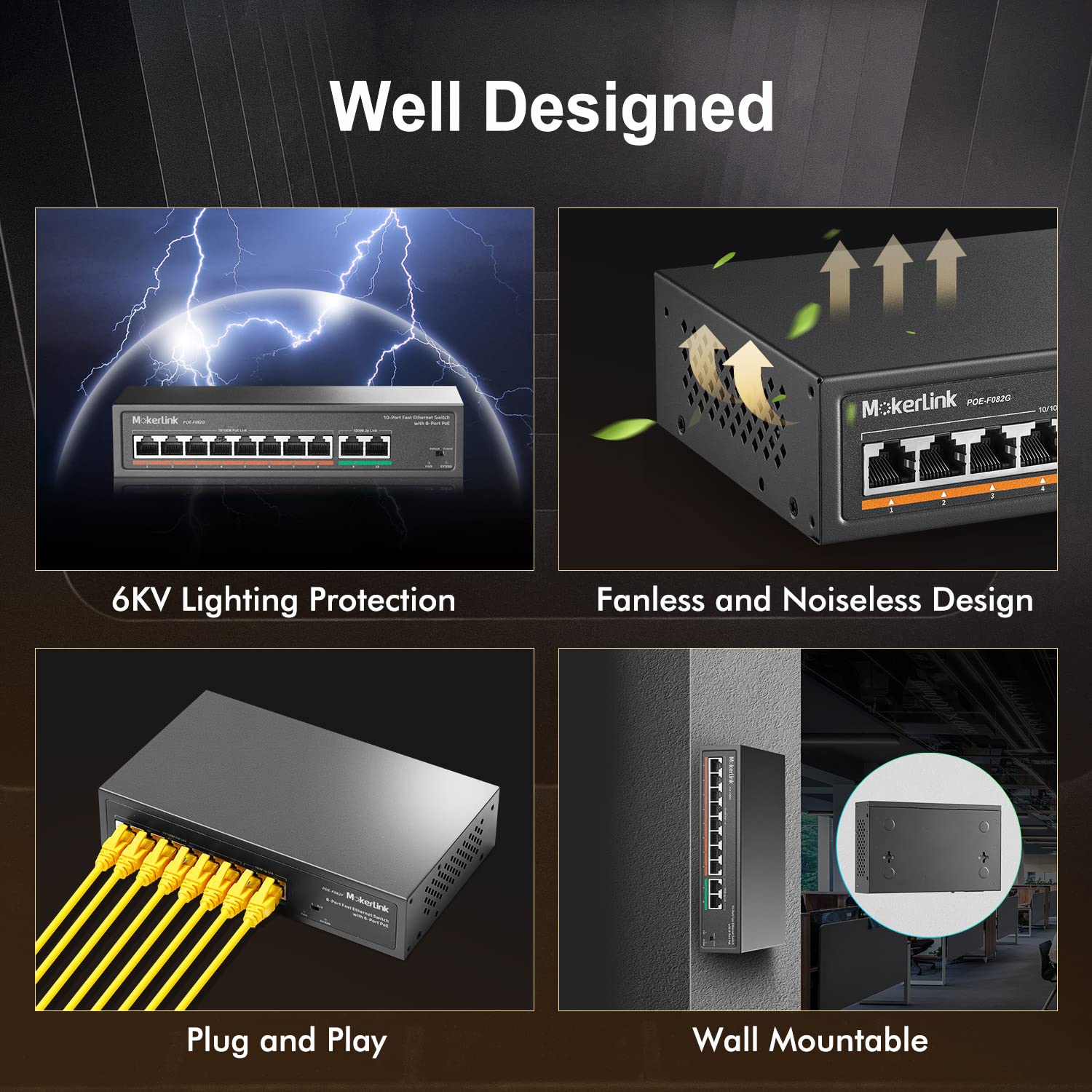 Mokerlink 8 Port Poe Switch With 2 Gigabit Uplink, 802.3Af/At Poe+ 100Mbps, 120W Built In Power, Extend To 250Meter, Metal Plug