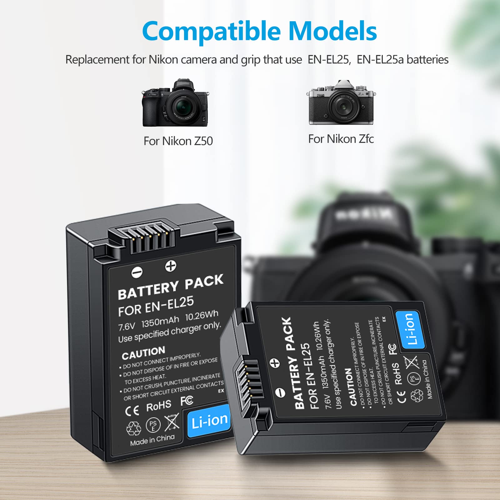Reytric 2 Pack En El25 Batteries And Dual Usb Charger For Nikon Z50, Z 50, Z Fc Digital Cameras Compatible With Nikon En El25 En
